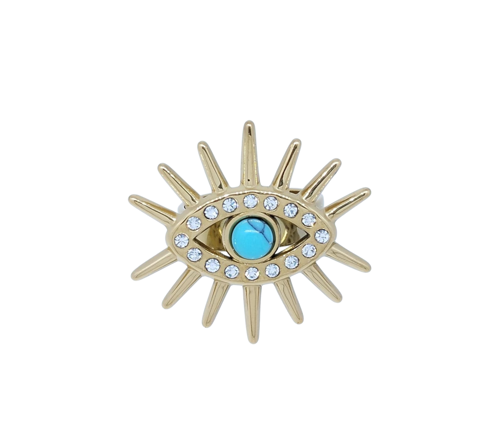 Anillo Dorado de Ojo con Piedra Azul y Brillos – Acero Inoxidable