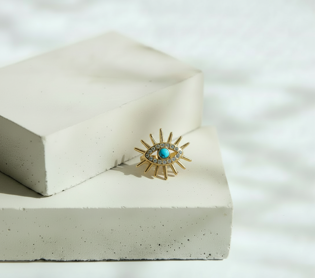 Anillo Dorado de Ojo con Piedra Azul y Brillos – Acero Inoxidable