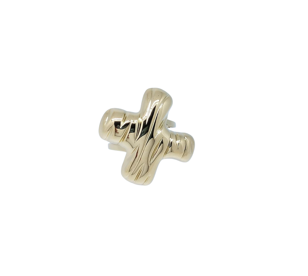 Anillo Dorado X con Líneas - Acero Inoxidable