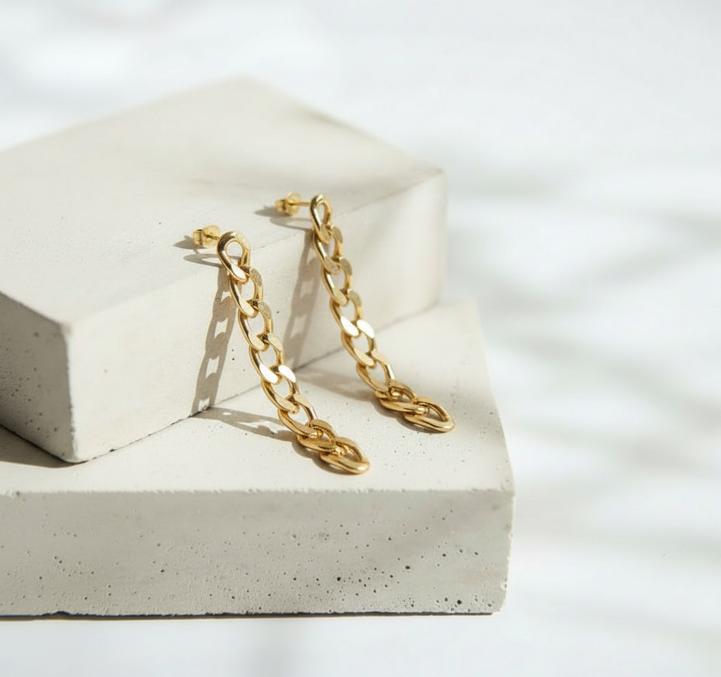 Aretes Largos de Cadena Dorada - Acero Inoxidable