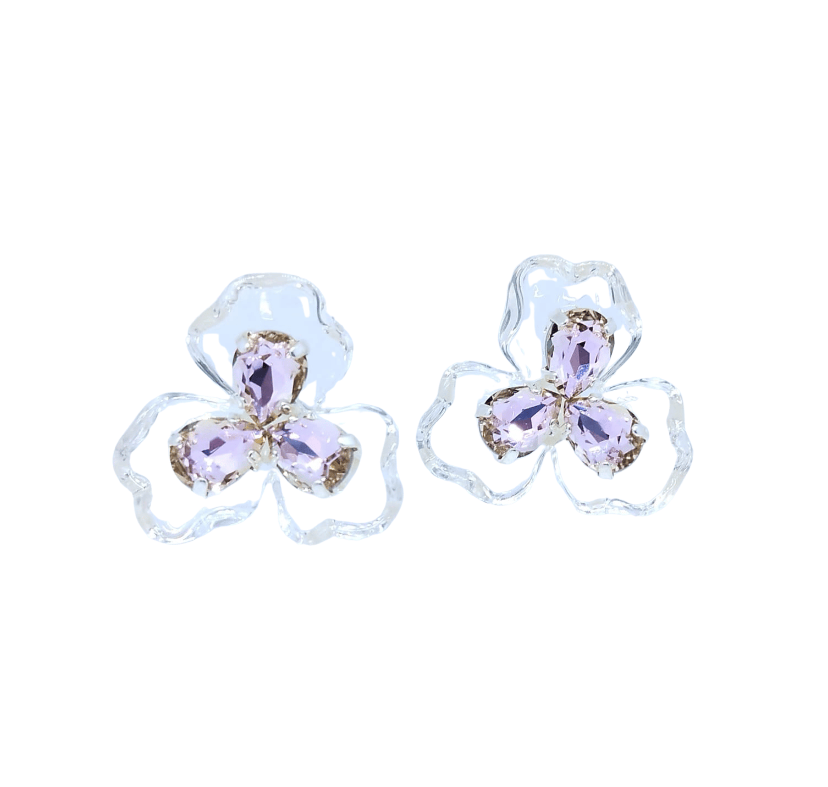 Aretes de Flor Transparente de Tres Pétalos con Tono Rosa - Acero Inoxidable