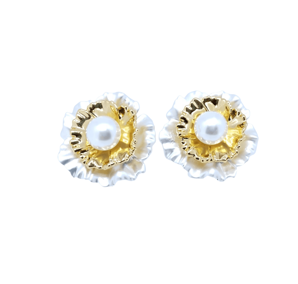 Aretes de Rosa Dorada Abierta con Perla Central - Acero Inoxidable
