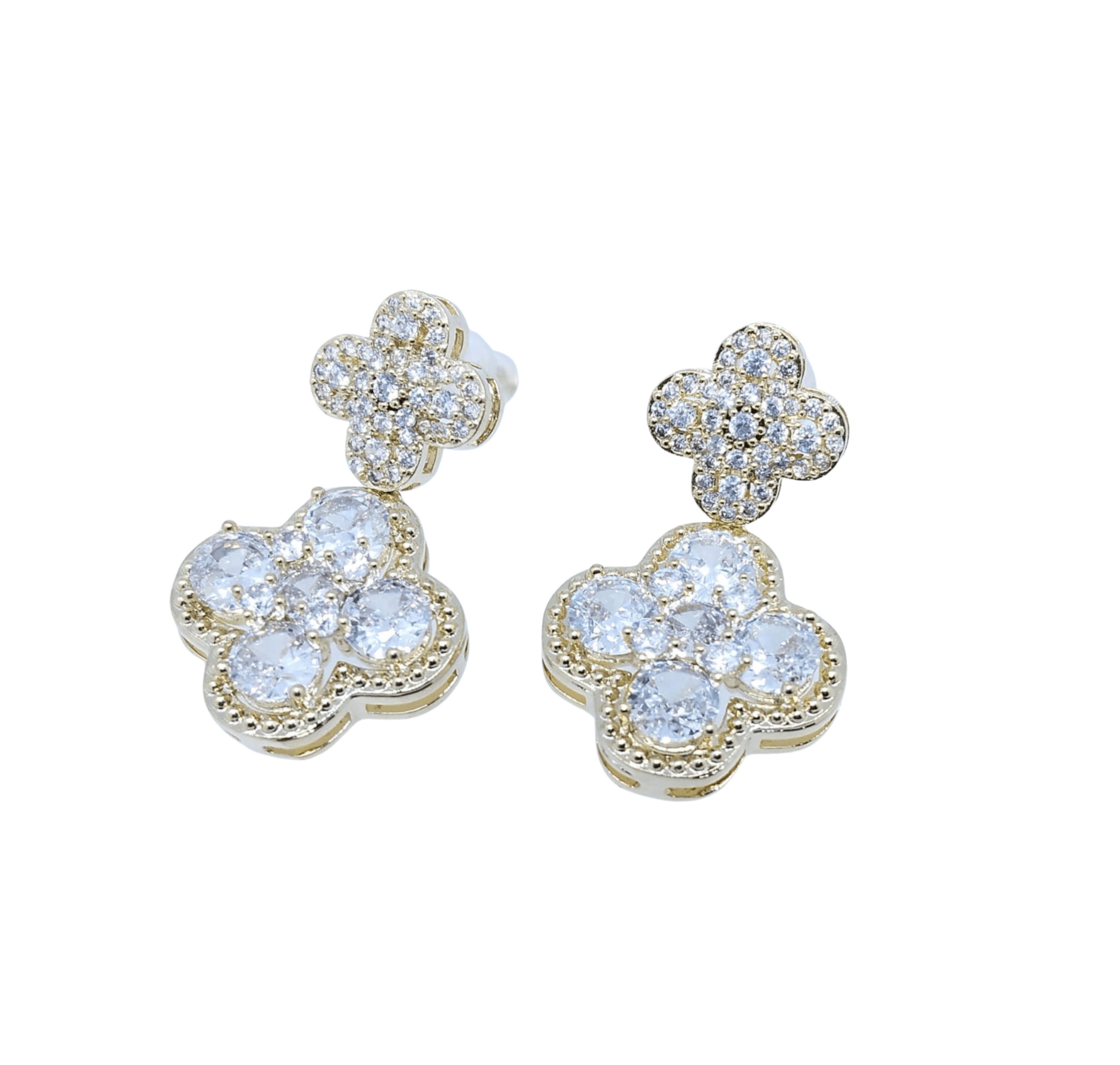 Aretes Medianos de Trébol Dorado con Brillos y Mini Trébol - Acero Inoxidable