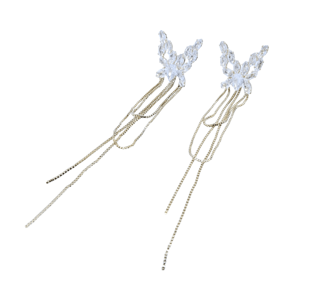 Aretes Largos de Mariposa Dorada con Brillos - Acero Inoxidable