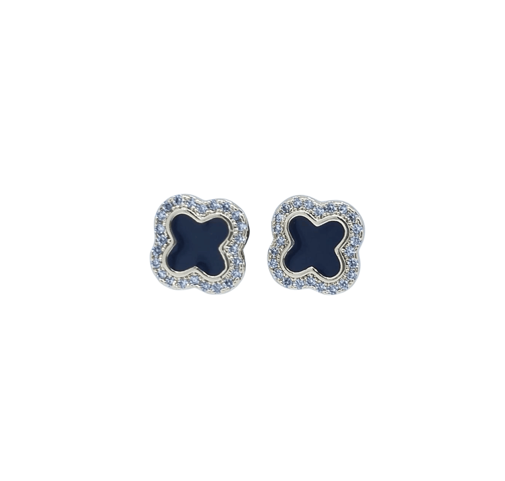 Aretes de Trébol Negro con Borde Dorado de Brillos - Acero Inoxidable