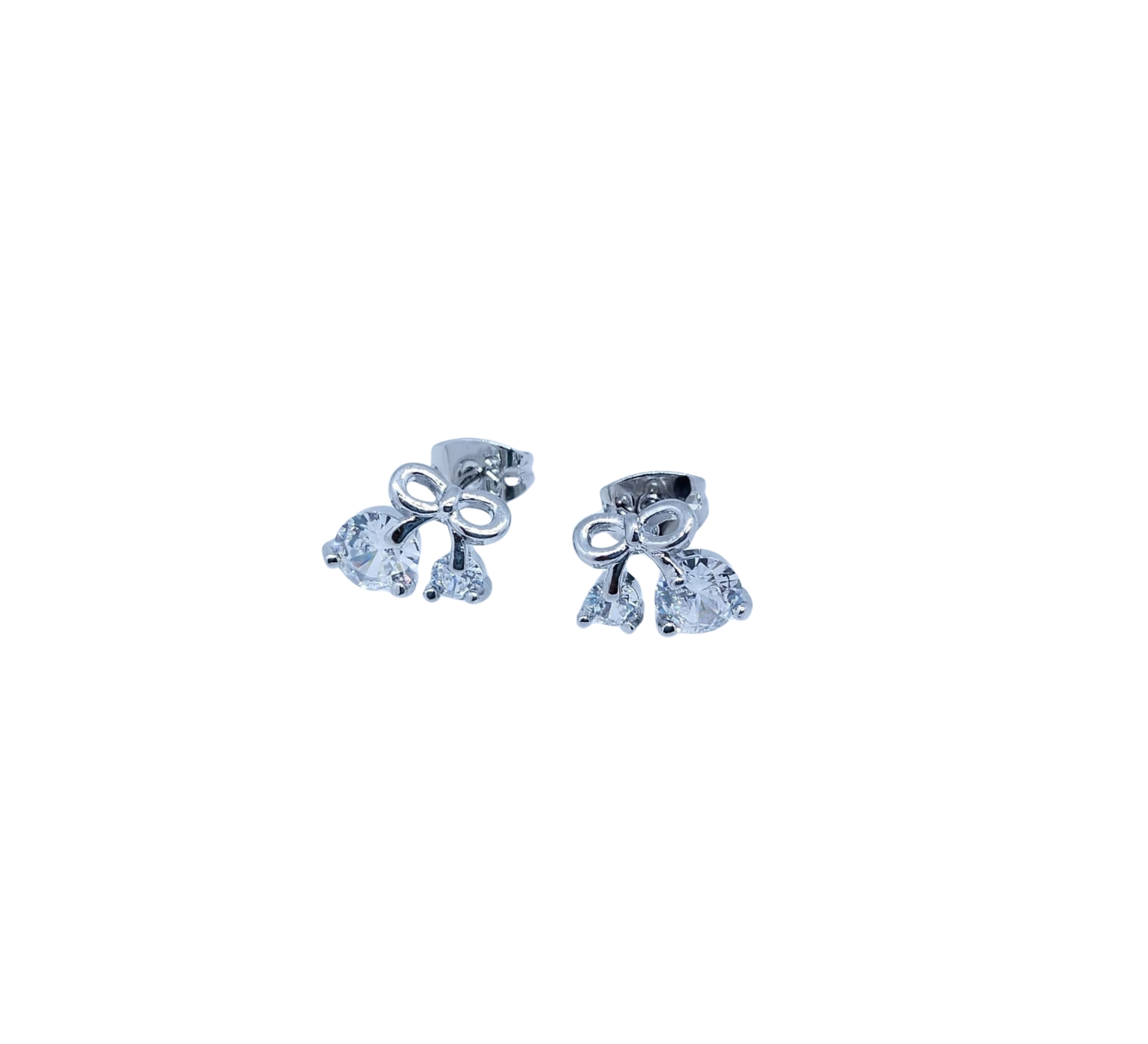 Aretes Plateados Moñito y Mini Brillo - Acero Inoxidable