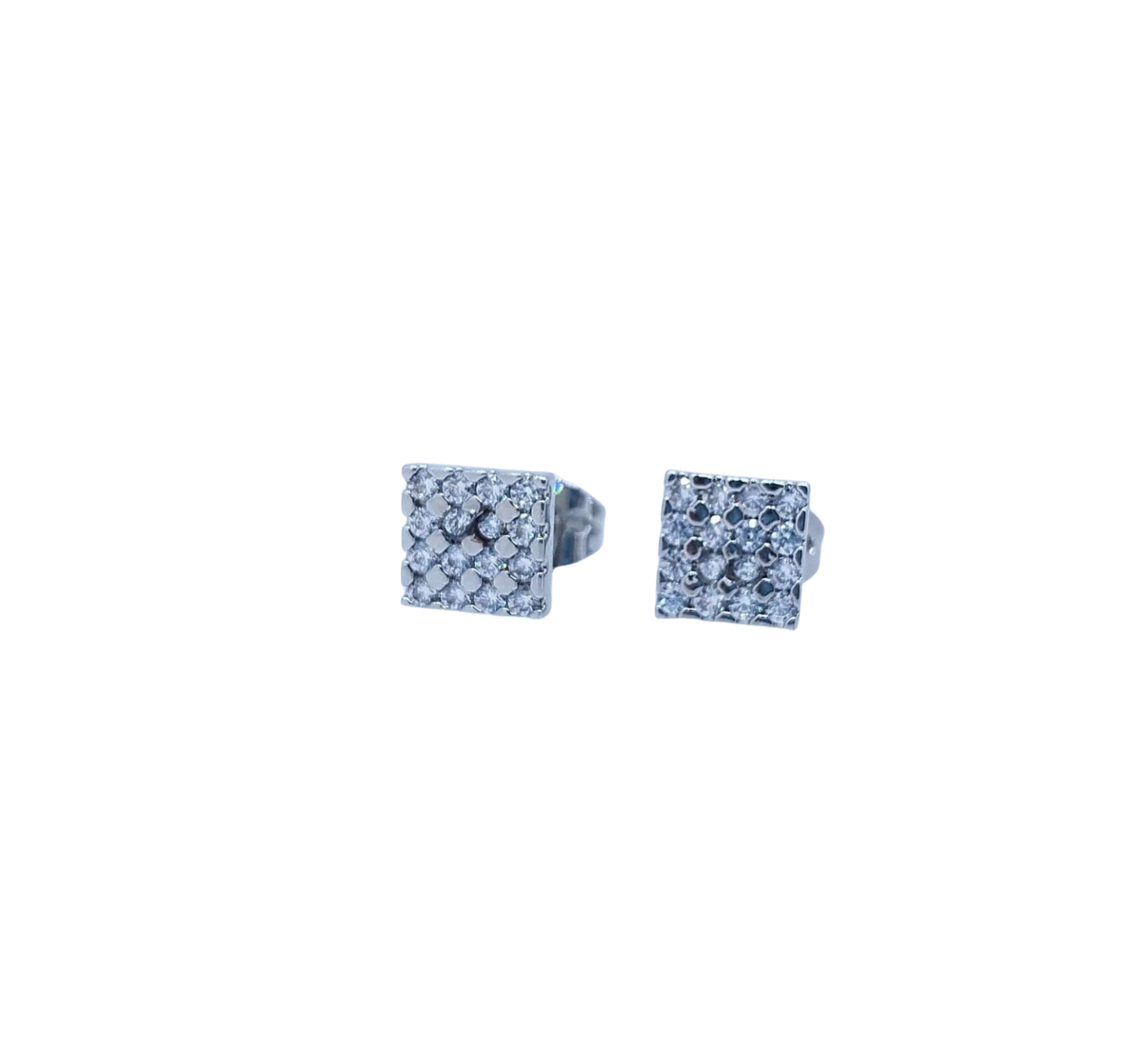 Aretes Plateados Cuadrados con Mini Brillos - Acero Inoxidable