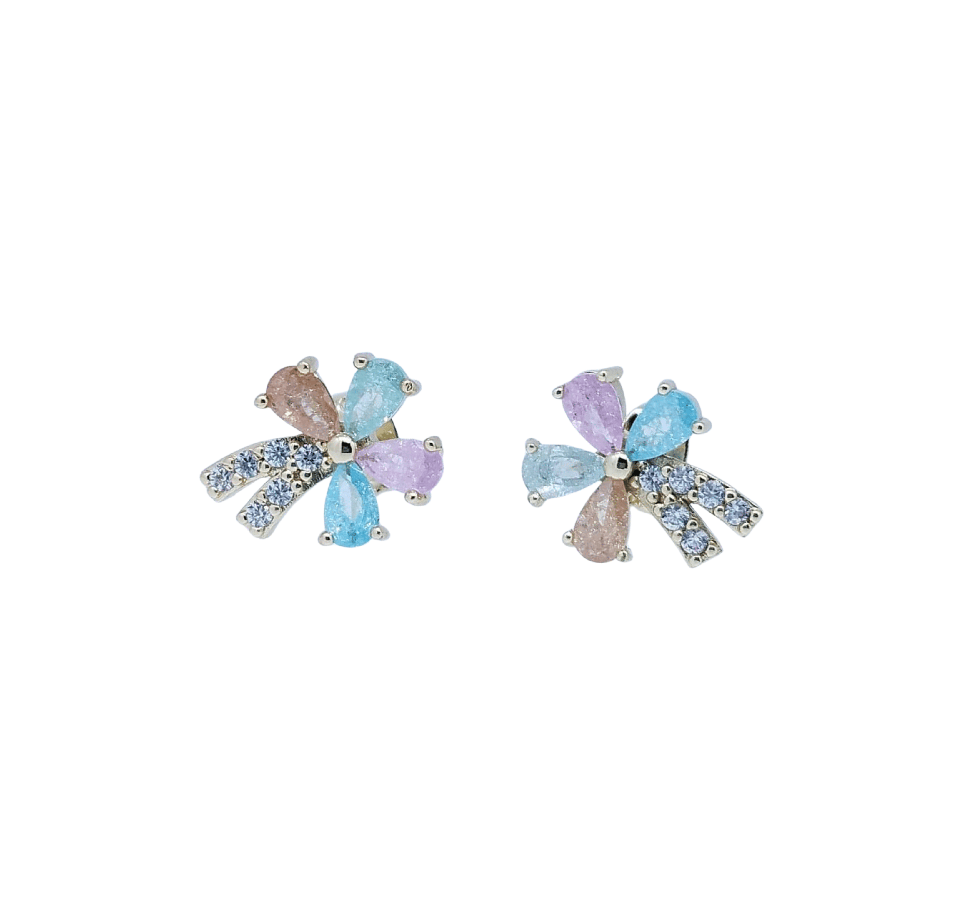 Aretes de Flor Multicolor con Brillos Azul Rosa y Dorado - Acero Inoxidable