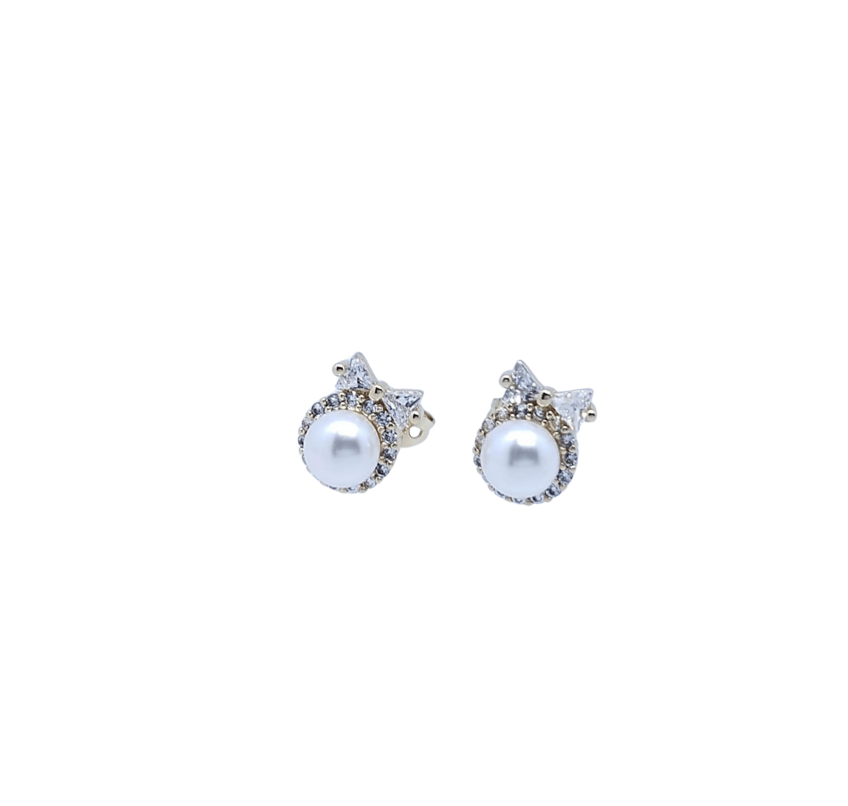 Aretes de Perla Blanca con Moño Dorado de Brillos - Acero Inoxidable