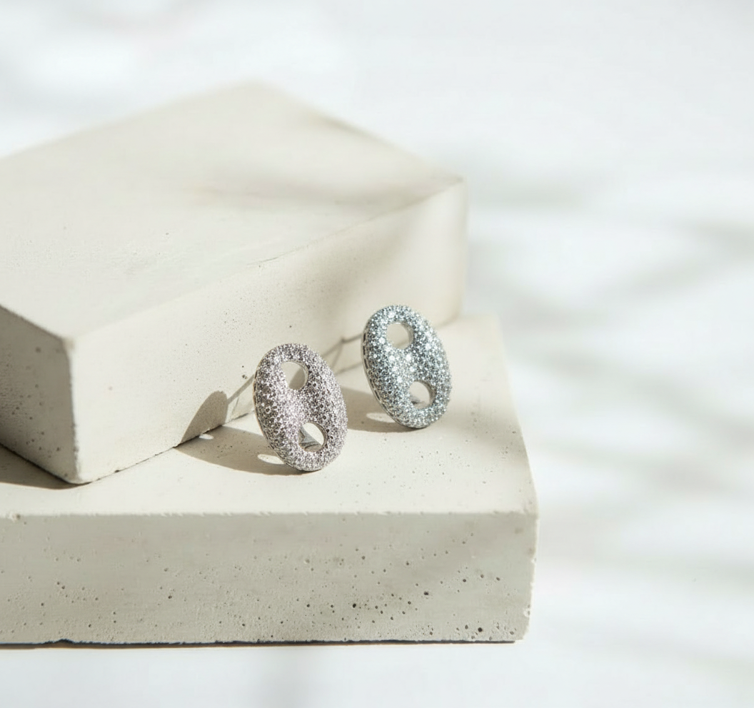 Aretes Ovalados Plateados con Doble Orificio y Brillos - Acero Inoxidable