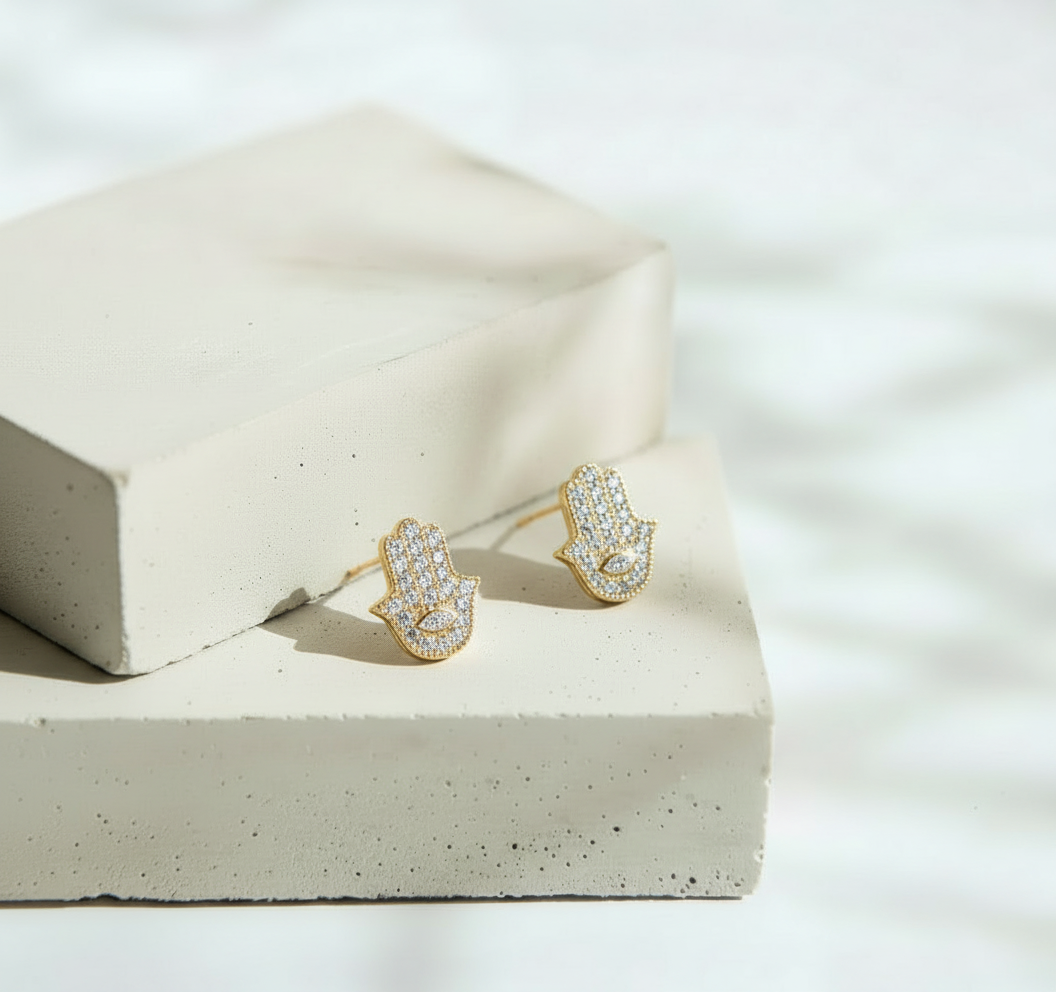 Aretes de Mano de Fátima Dorados con Brillos - Acero Inoxidable