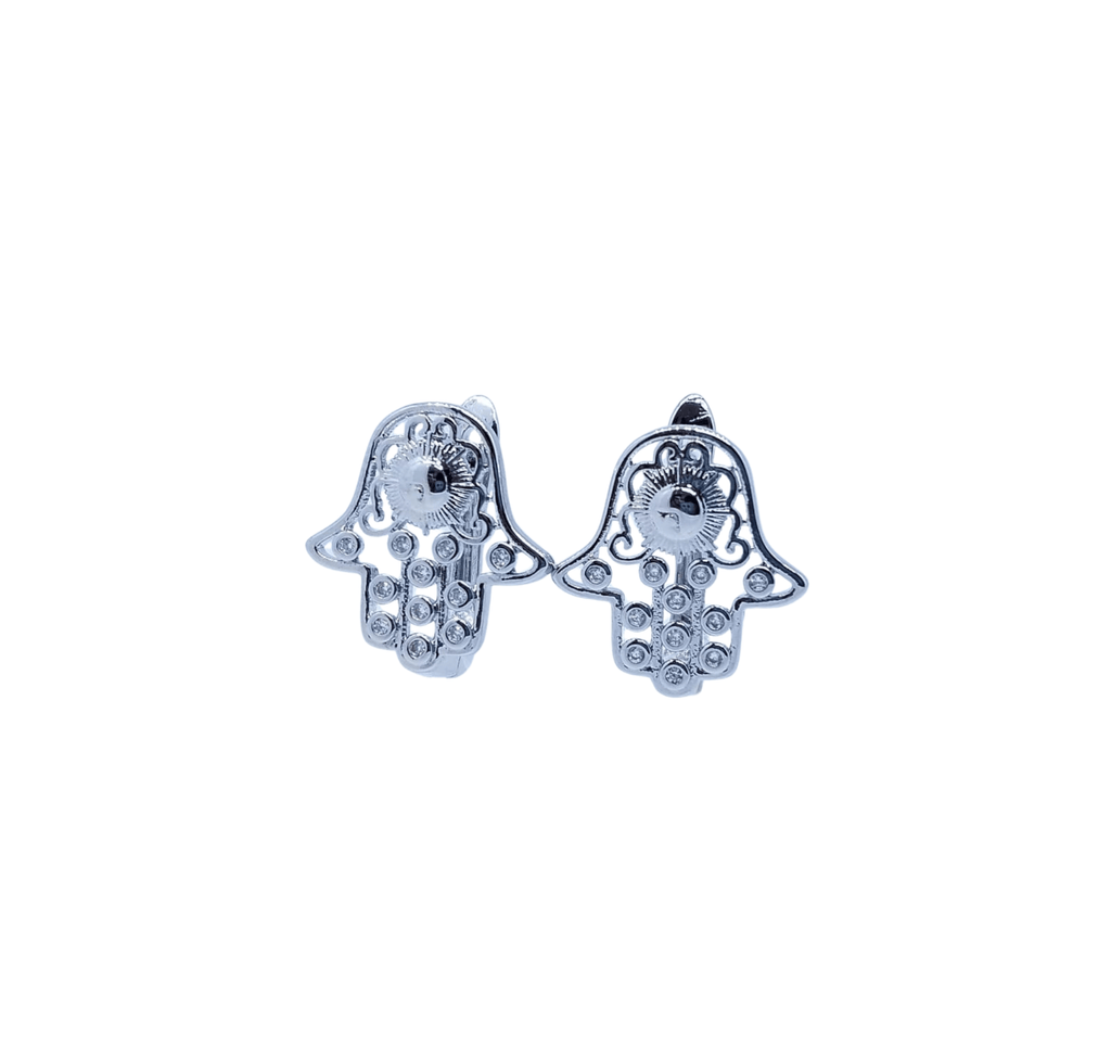 Aretes de Mano de Fátima Plateados con Grecas - Acero Inoxidable