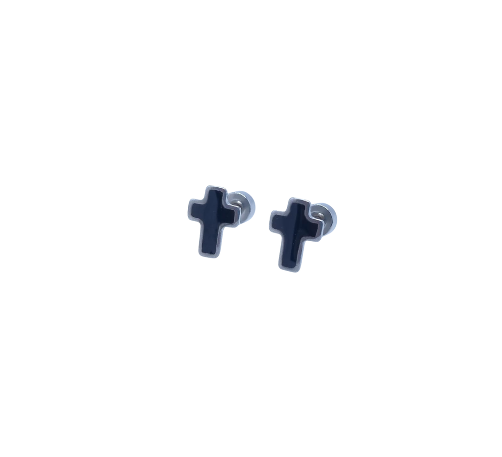 Aretes Plateados Cruz con Fondo Negro - Acero Inoxidable