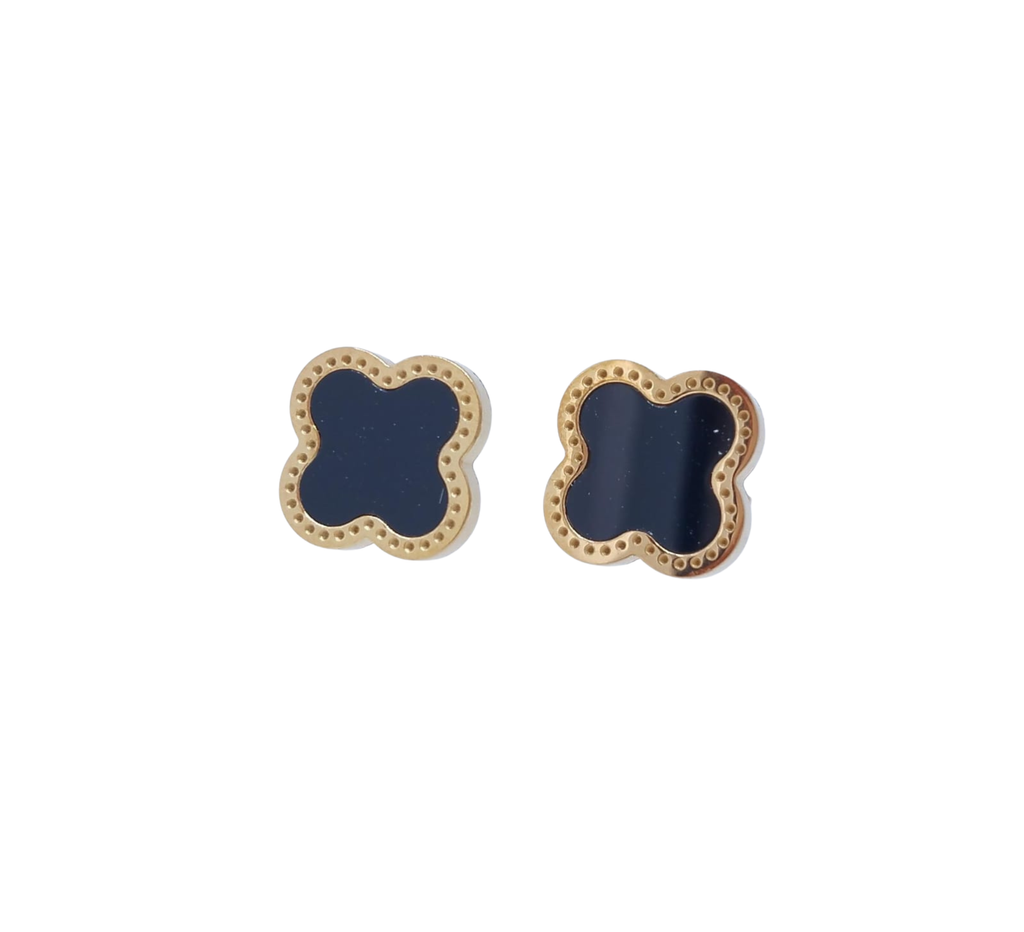 Aretes Dorados Trébol Fondo Negro Liso - Acero Inoxidable