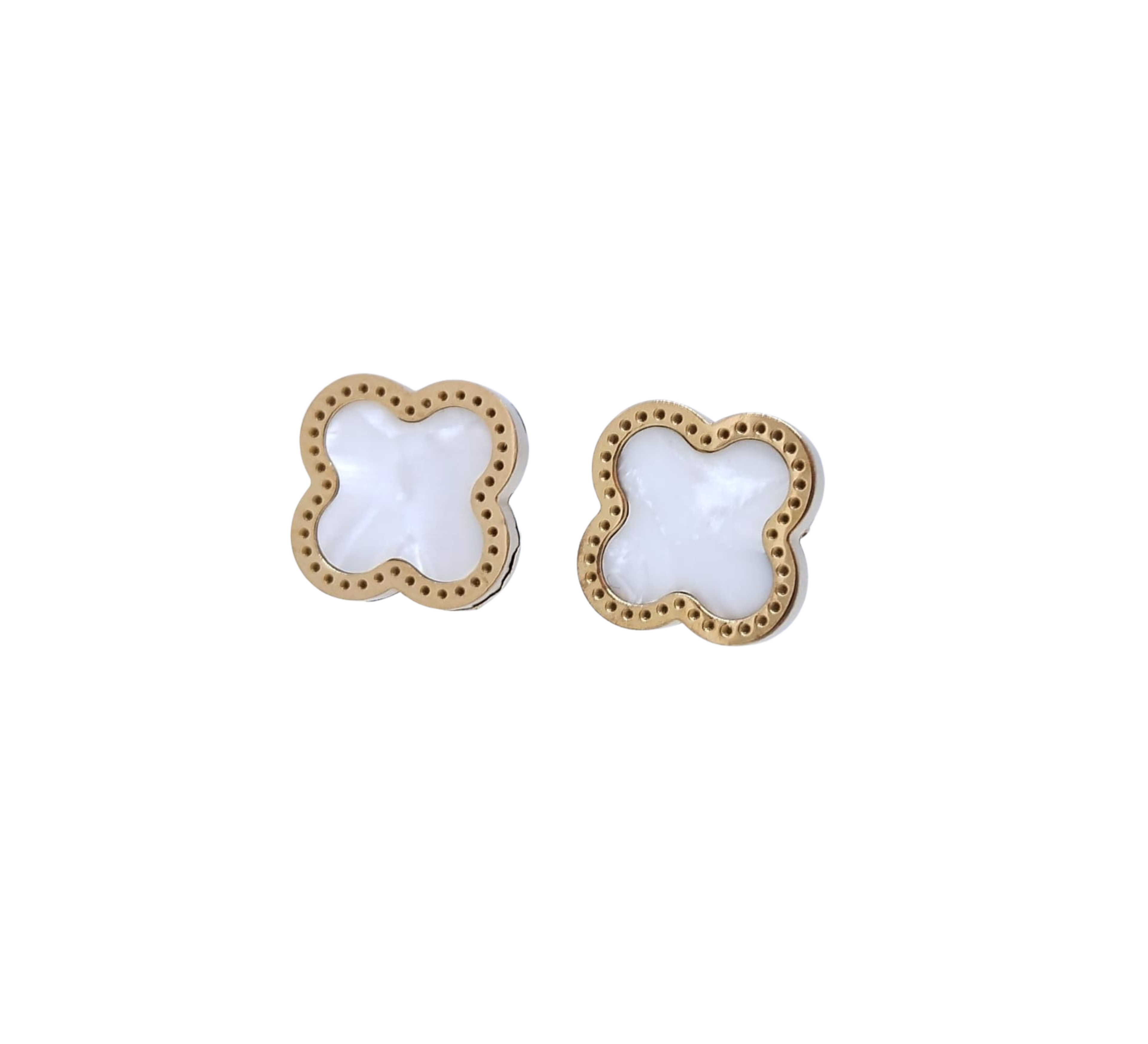 Aretes Dorados Trébol Fondo Aperlado Liso - Acero Inoxidable