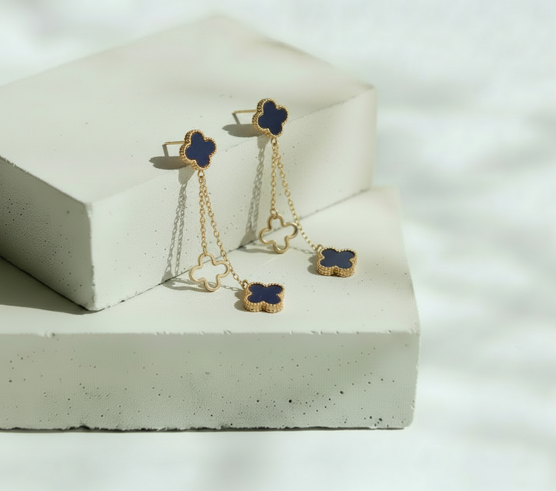 Aretes Colgantes Dorados con Trébol 4 Pétalos - Acero Inoxidable