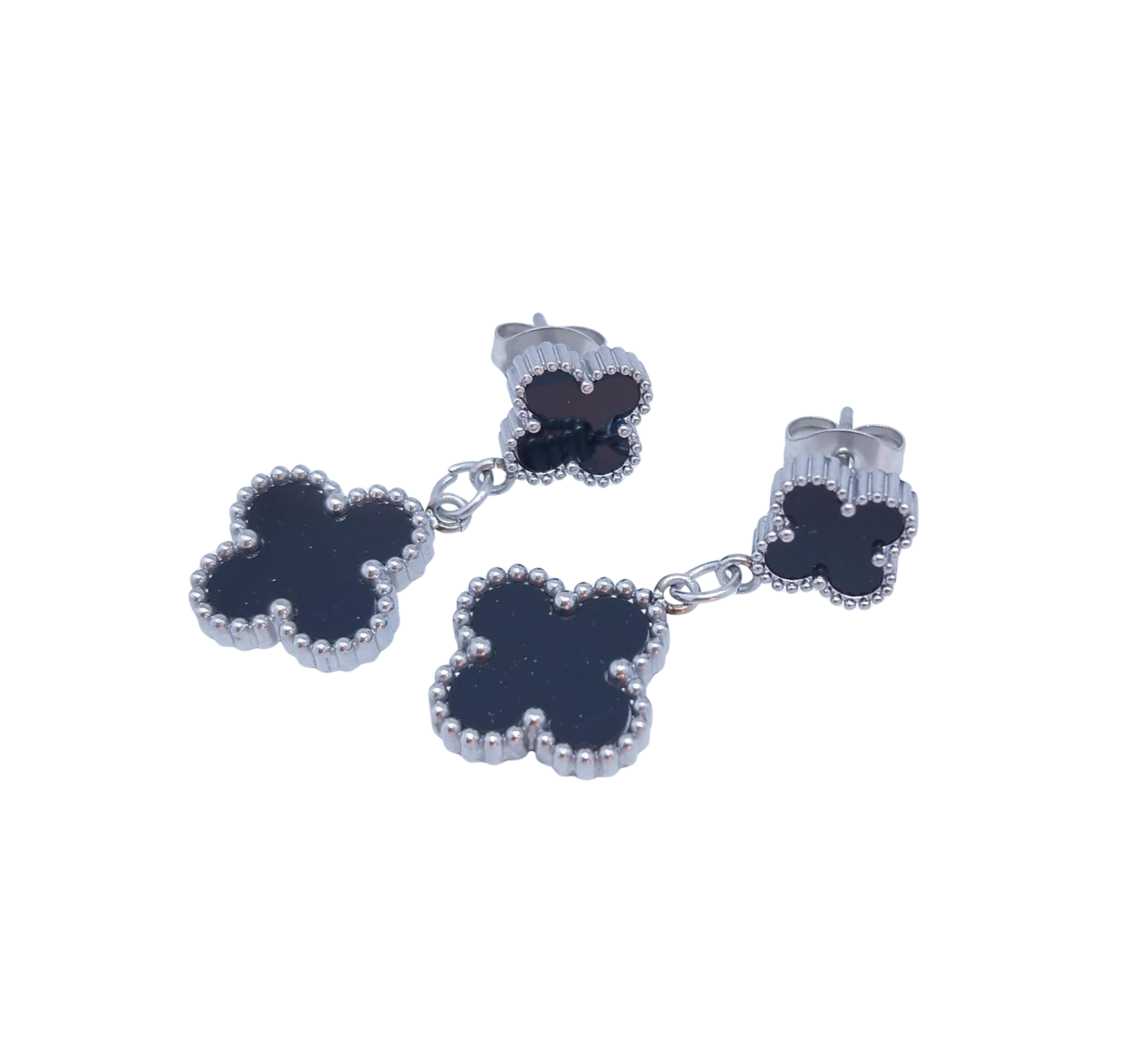 Aretes Plateados Doble Trébol 4 Pétalos - Acero Inoxidable
