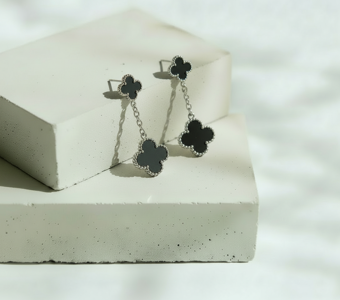 Aretes Plateados Doble Trébol 4 Pétalos - Acero Inoxidable