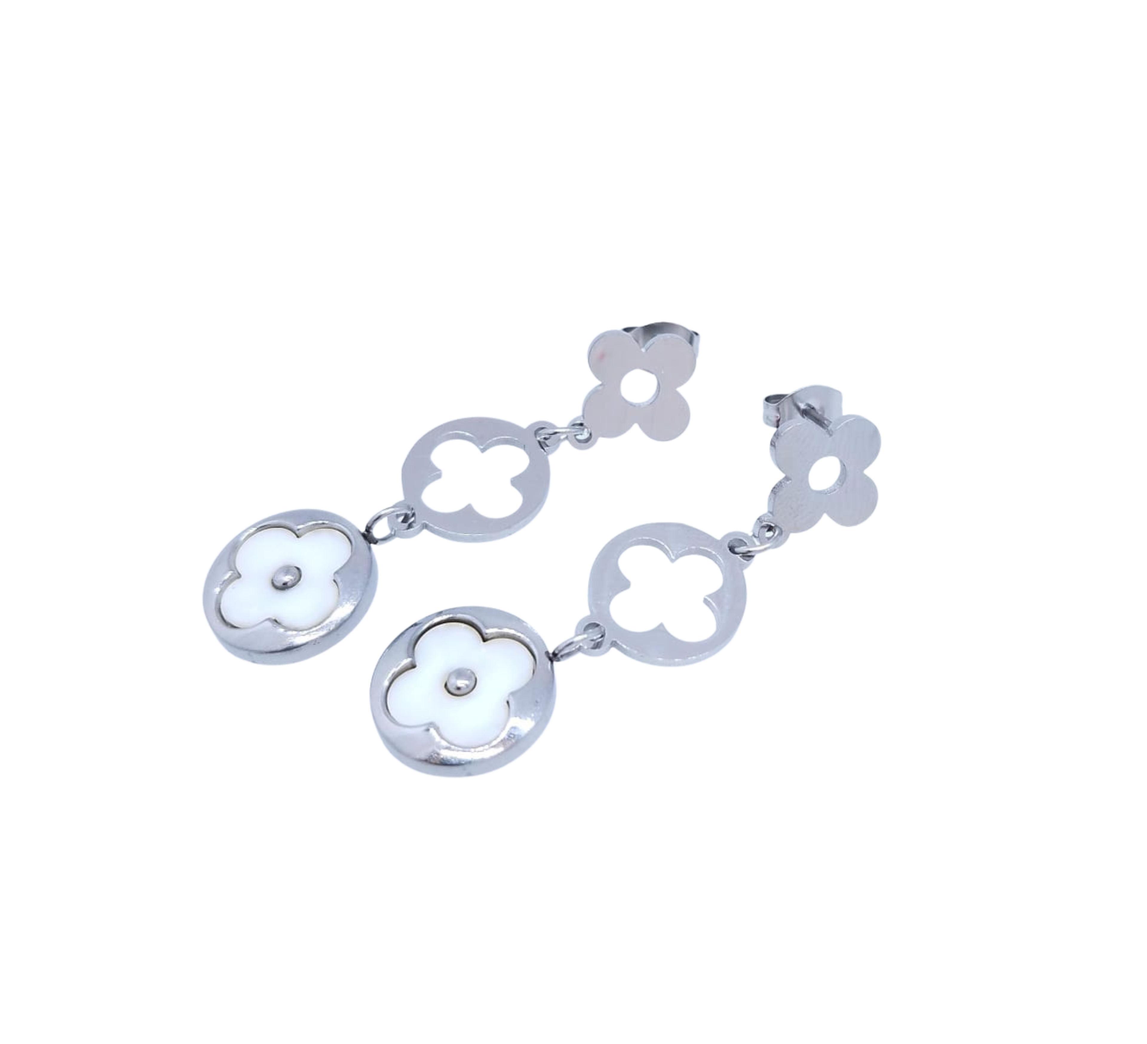 Aretes Plateados Triple Trébol 4 Pétalos - Acero Inoxidable