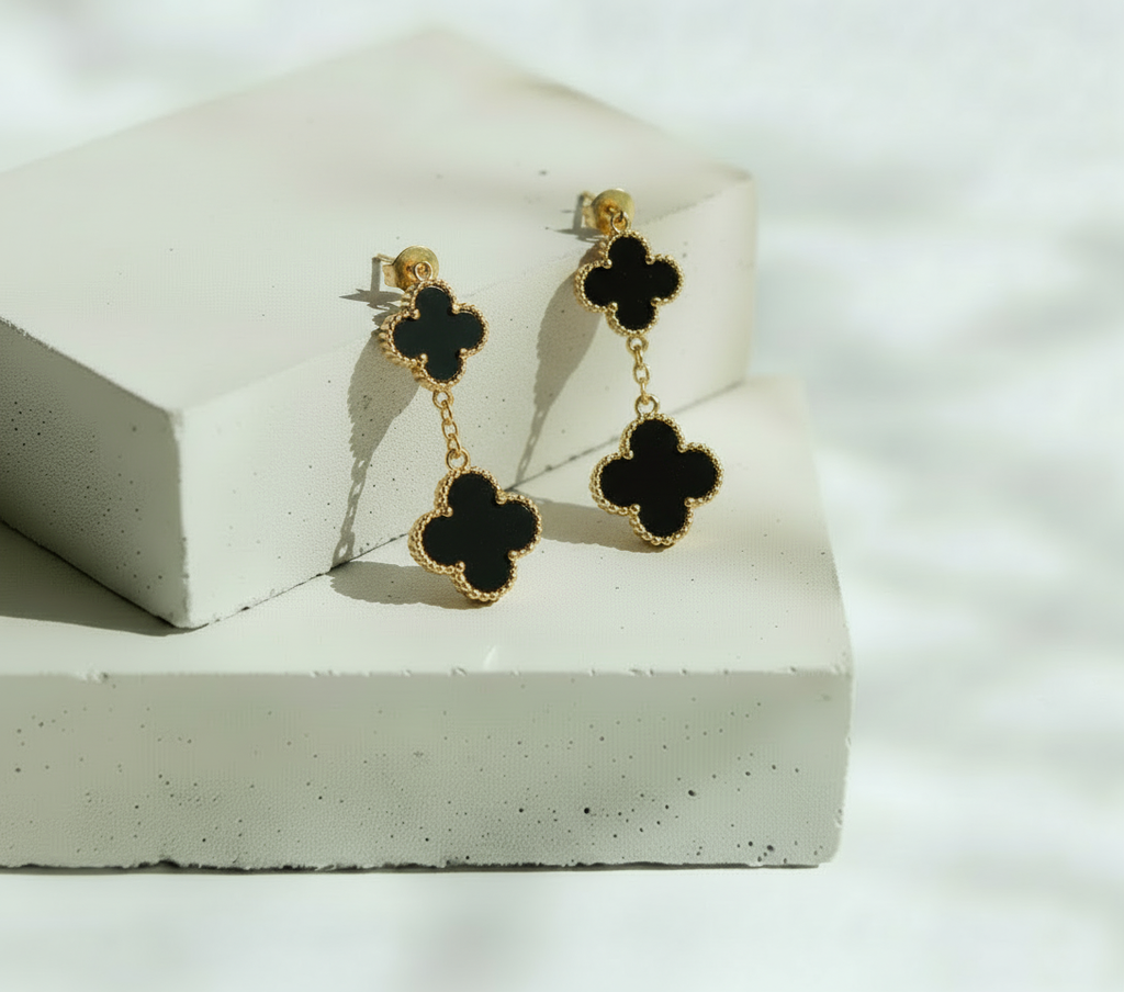 Aretes Dorados Doble Trébol 4 Pétalos - Acero Inoxidable