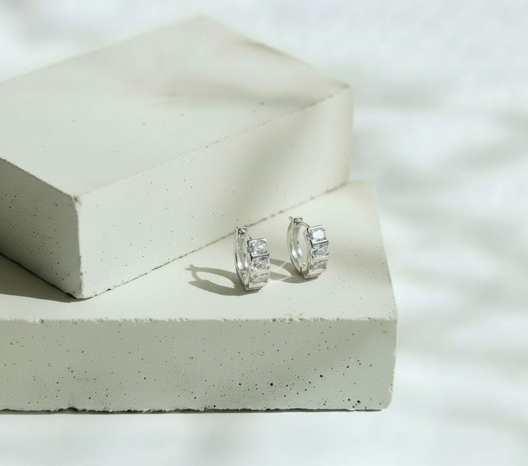 Aretes 4 Brillos Ovalados en Línea - Plata Italiana