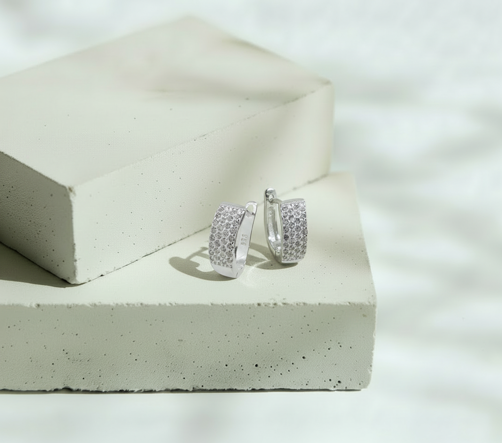 Aretes 4 Líneas Mini Brillos - Plata Italiana