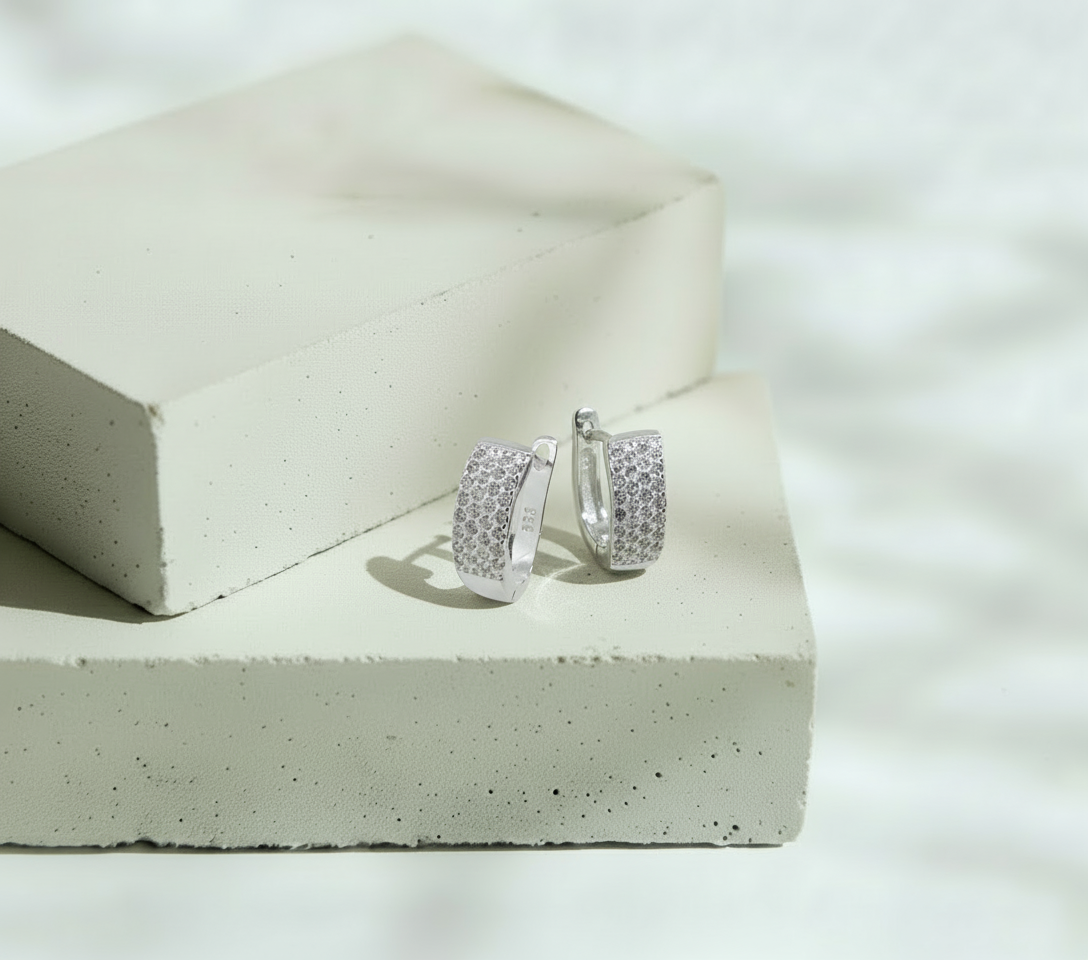 Aretes 4 Líneas Mini Brillos - Plata Italiana