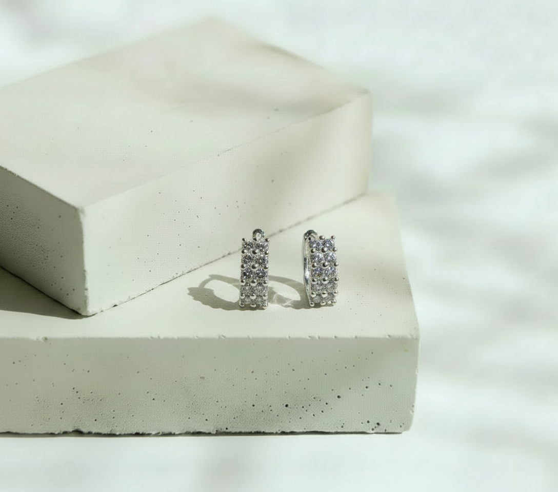 Aretes Doble Línea 5 Brillos - Plata Italiana