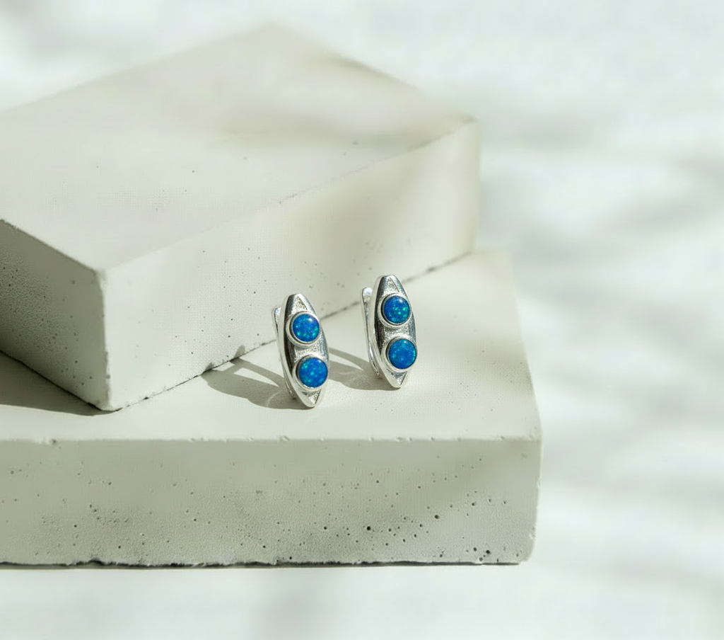 Aretes Doble Brillo Circular Azul - Plata Italiana