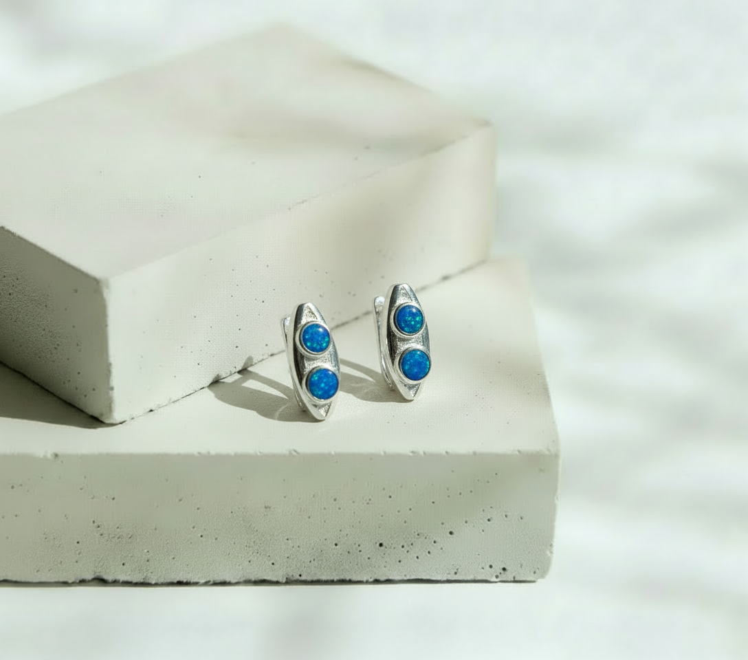 Aretes Doble Brillo Circular Azul - Plata Italiana