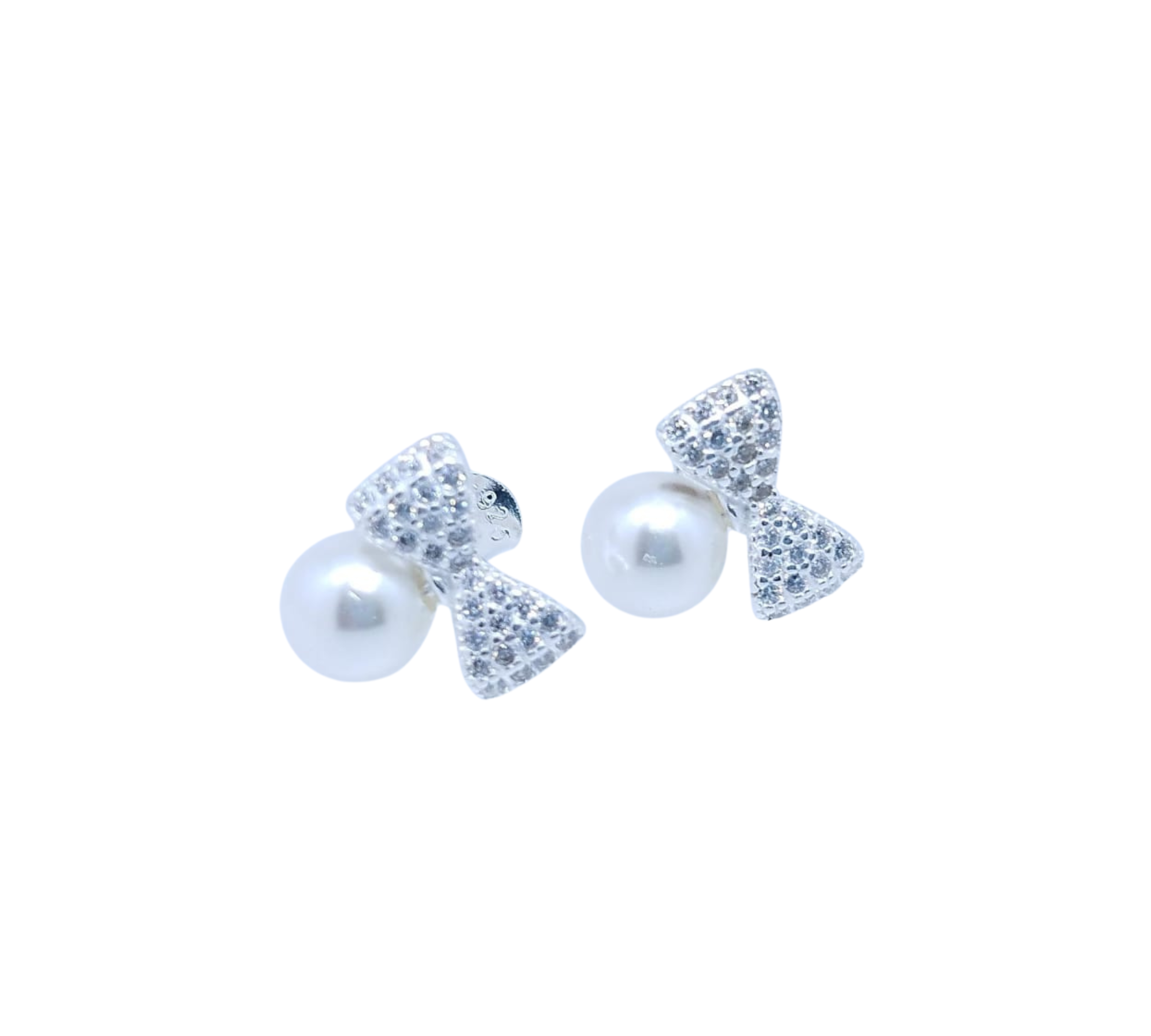 Aretes Moño con Brillos y Perla - Plata Italiana