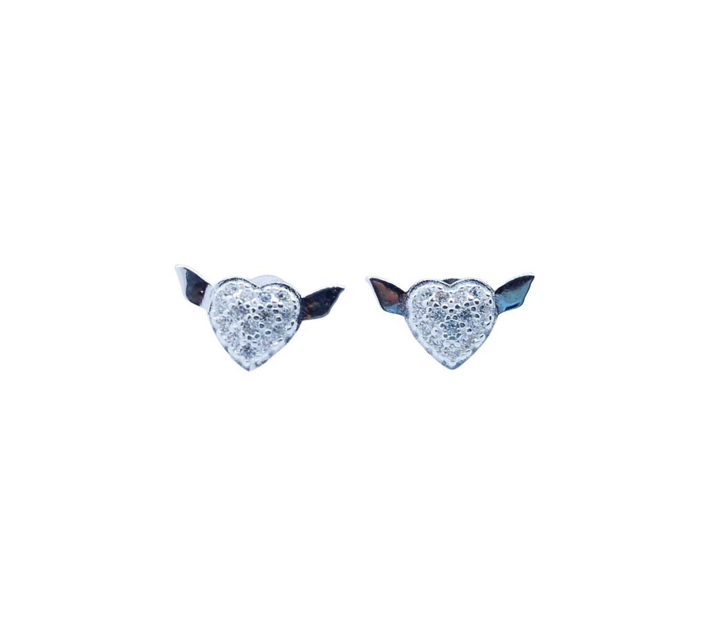 Aretes Corazón con Alas y Mini Brillos - Plata Italiana