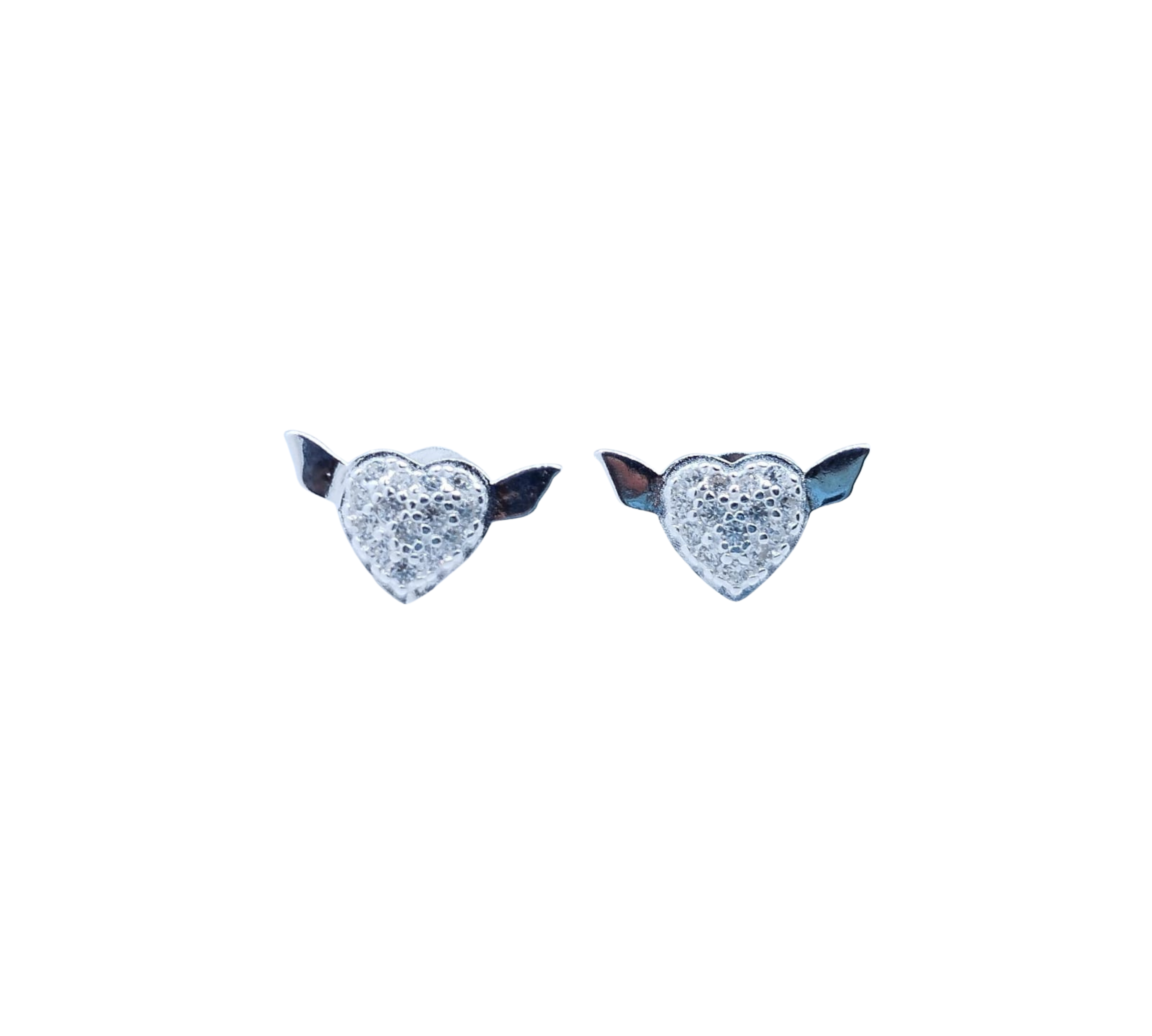 Aretes Corazón con Alas y Mini Brillos - Plata Italiana