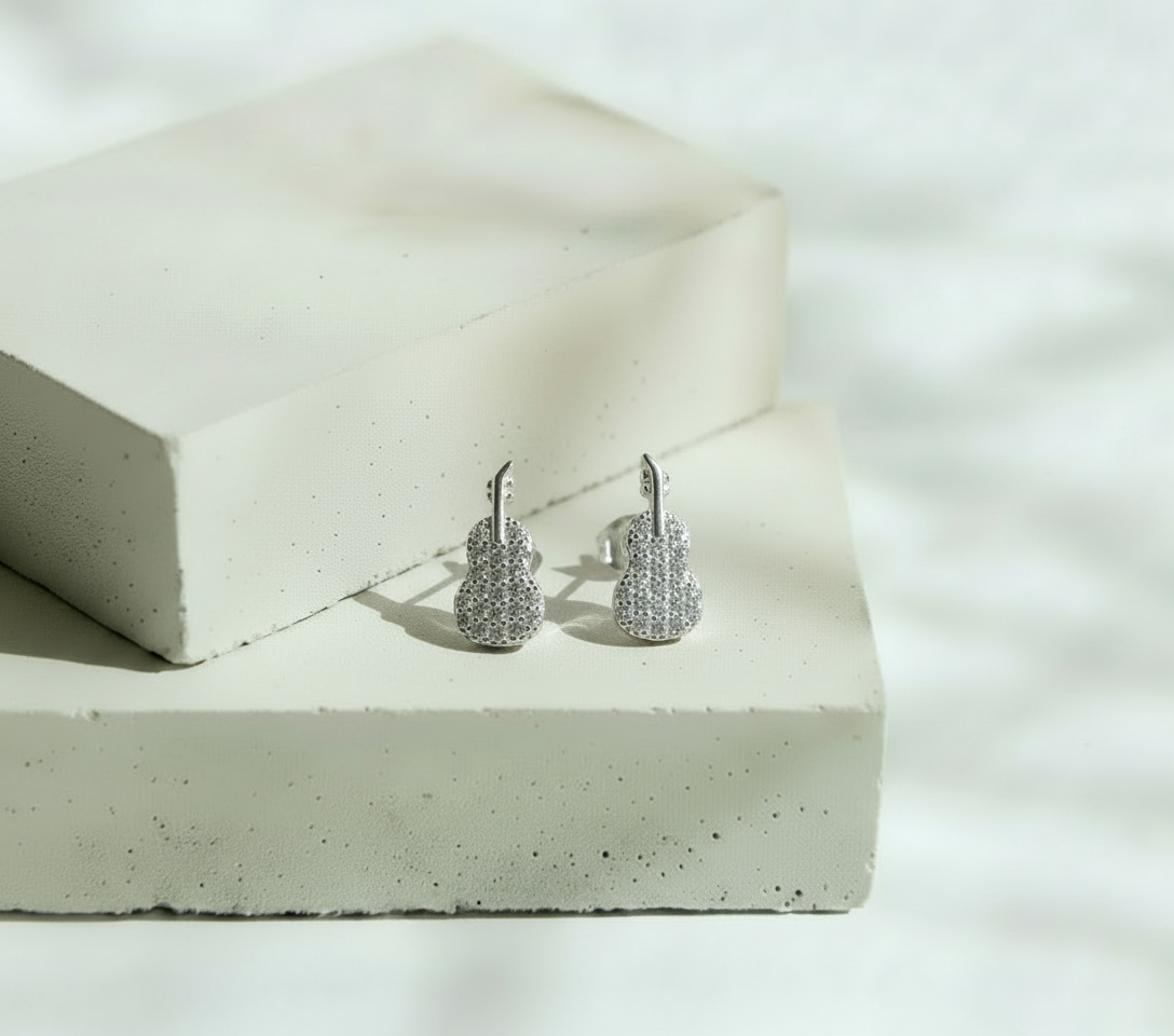 Aretes Guitarra Mini Brillos - Plata Italiana