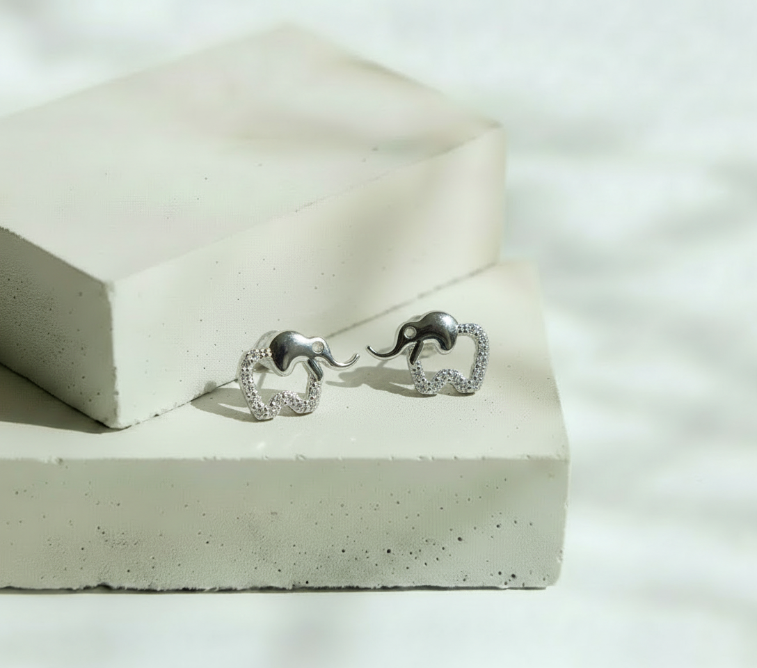 Aretes Elefante y Mini Brillos - Plata Italiana