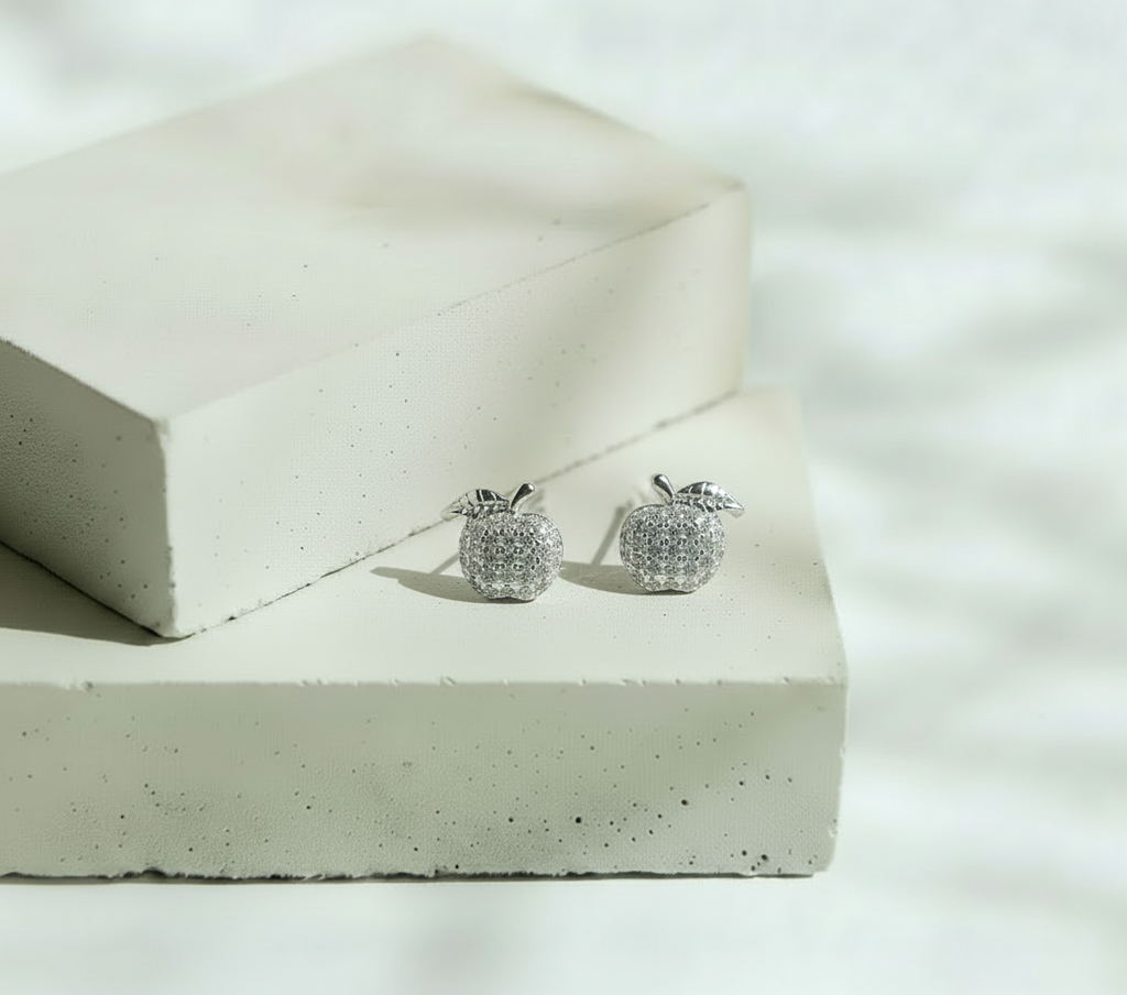 Aretes Manzana con Mini Brillos - Plata Italiana