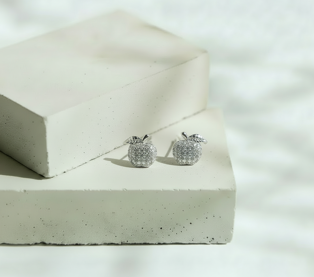 Aretes Manzana con Mini Brillos - Plata Italiana