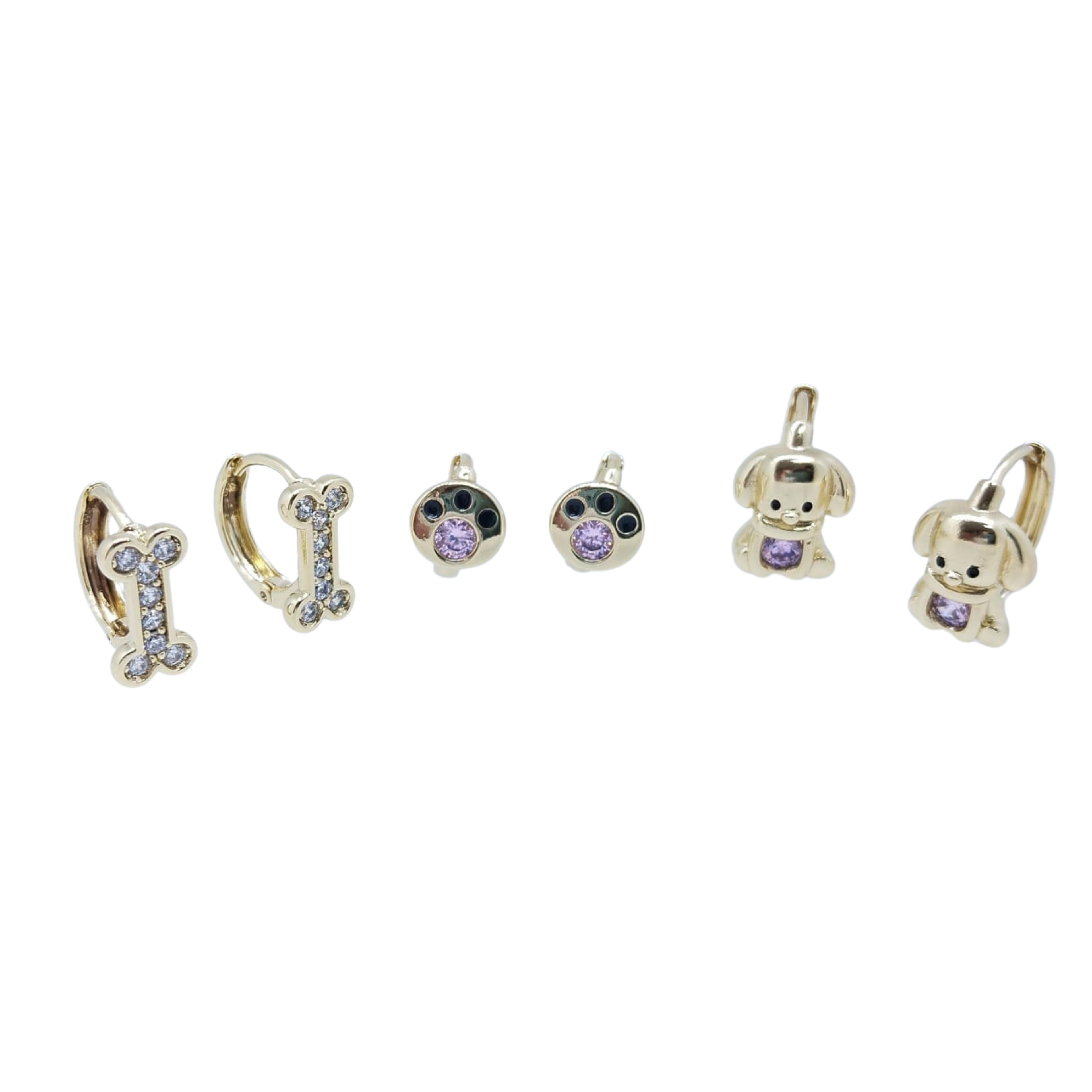 Set de Aretes Dorados de Perritos y Huesito con Brillos Cute - Oro Laminado