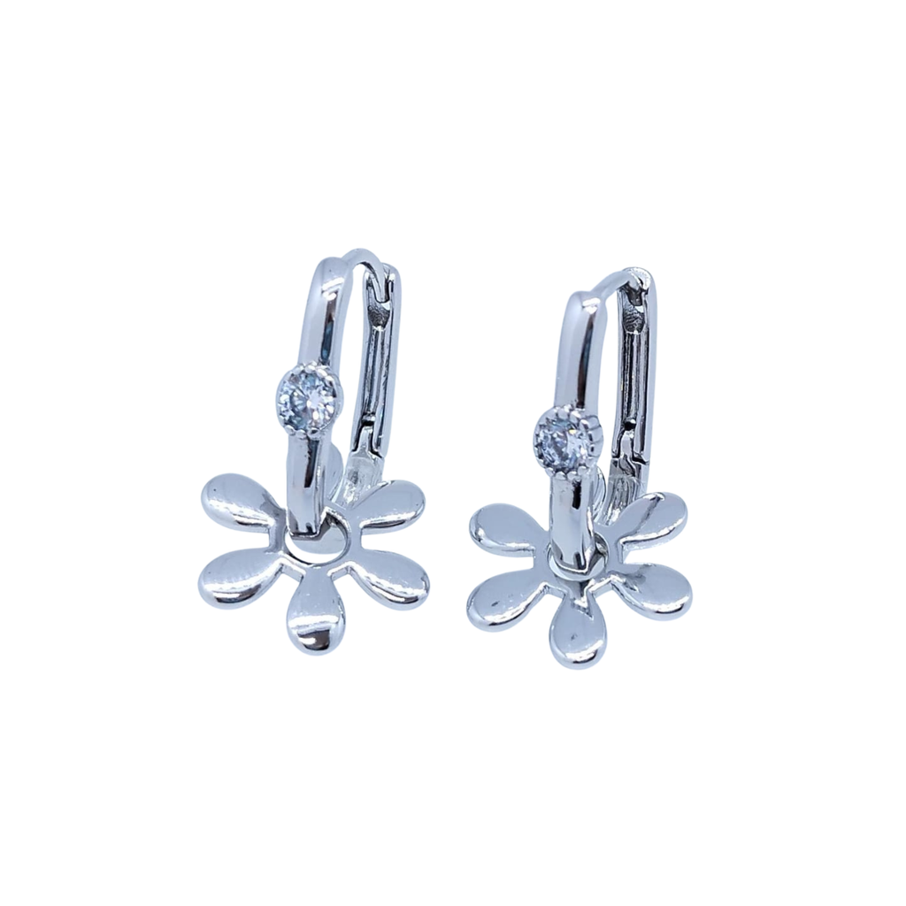 Aretes Plateados con Flor Colgante - Oro Laminado