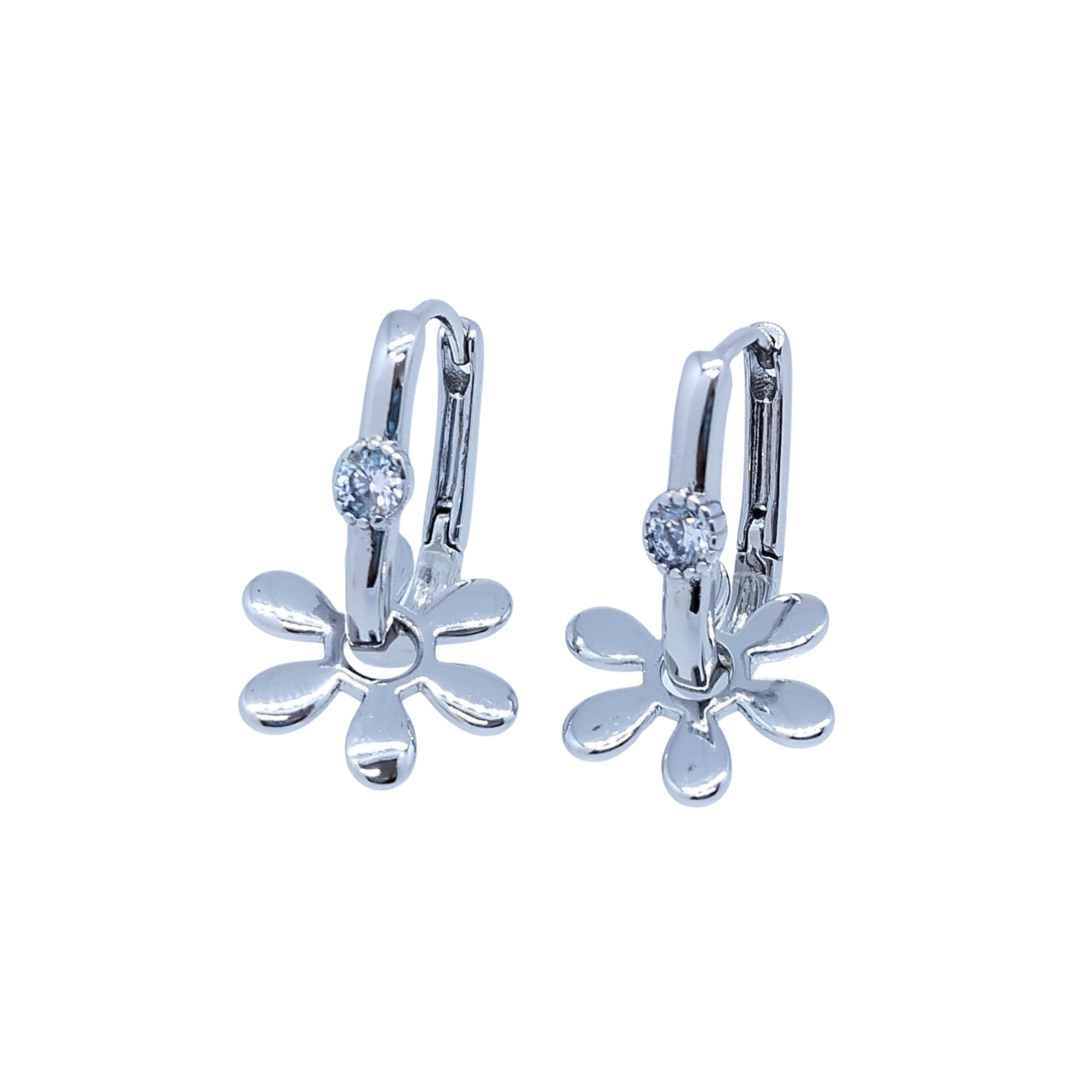 Aretes Plateados con Flor Colgante - Oro Laminado