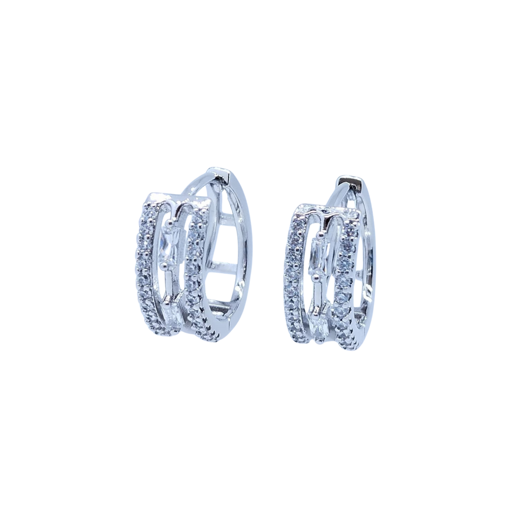 Aretes Plateados de Tres Líneas con Brillos - Oro Laminado