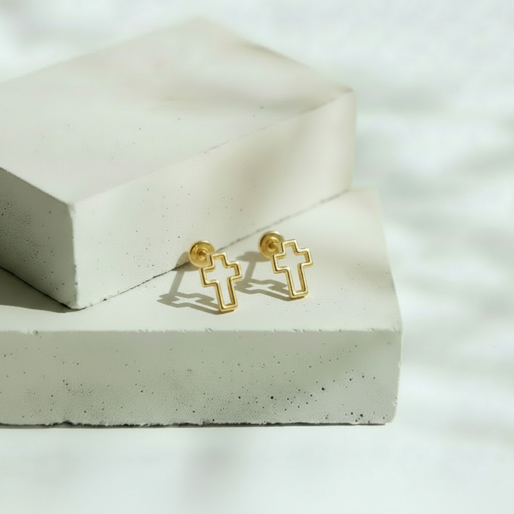 Aretes Dorados Cruz con Perforación – Oro 10 KL