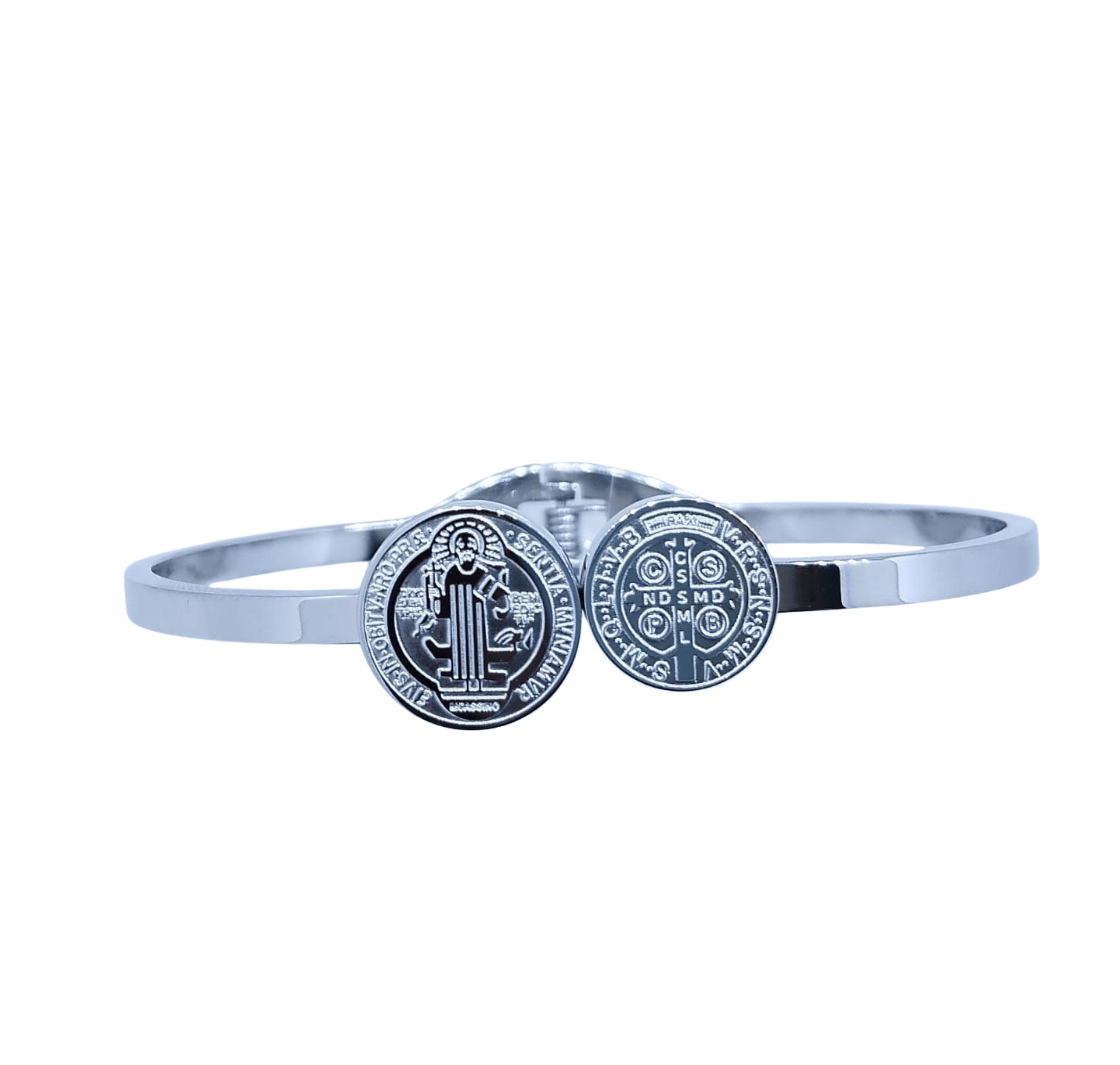 Brazalete San Benito Doble Moneda Plateado - Acero Inoxidable