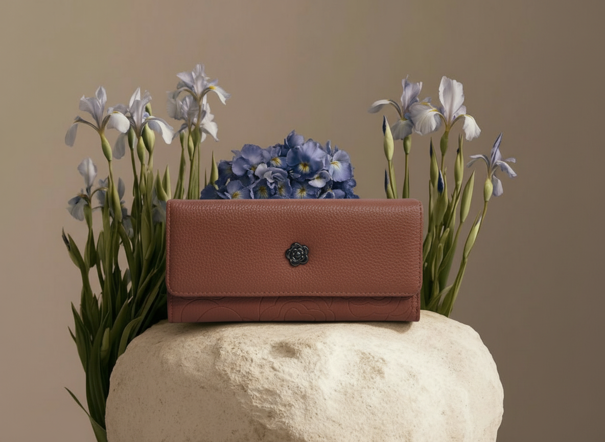 Cartera para Dama Color Café con Broche de Flor al Centro - Vinipiel
