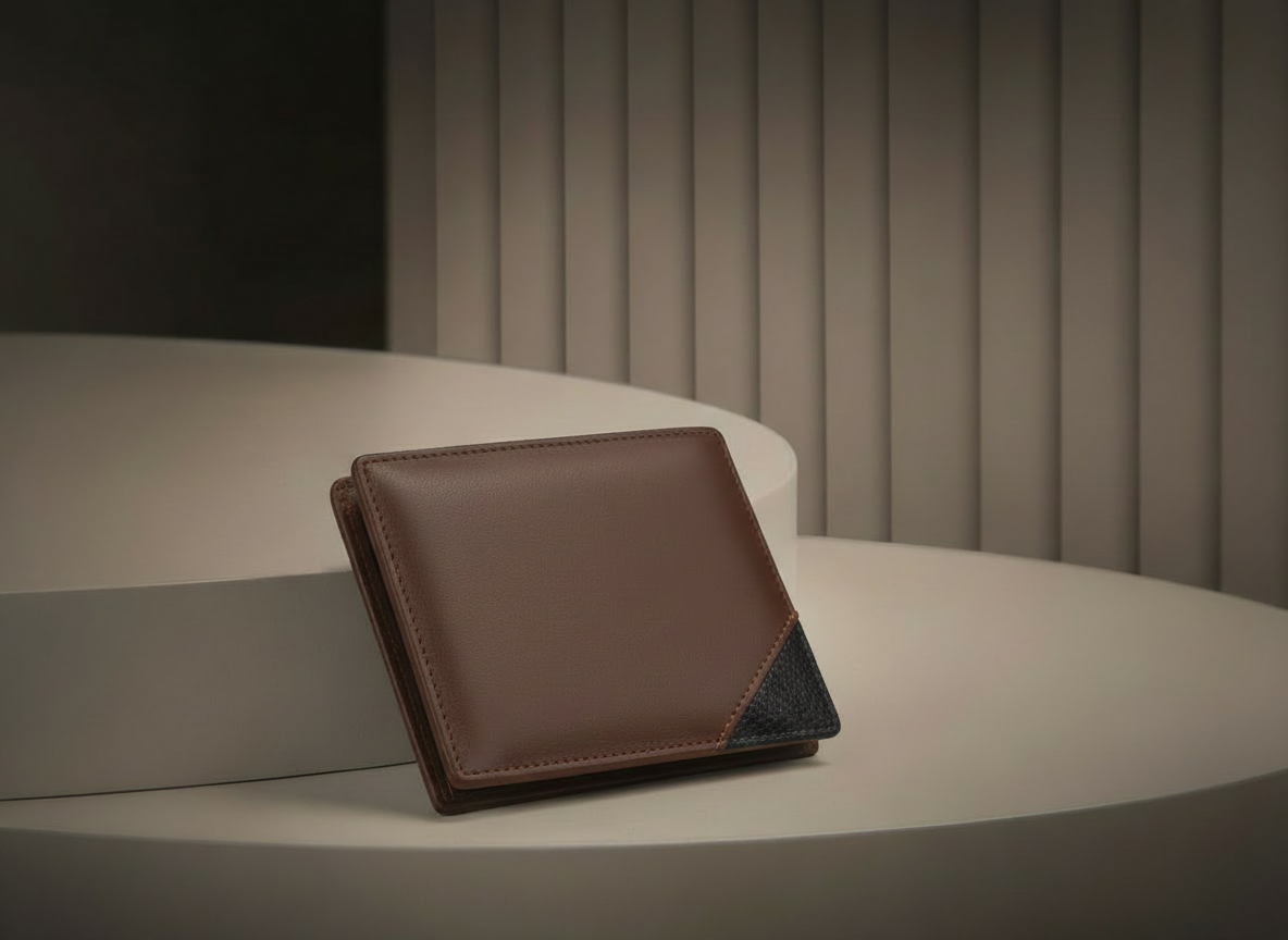 Cartera para Caballero Color Marrón con Esquina Negra en Triángulo - Vinipiel