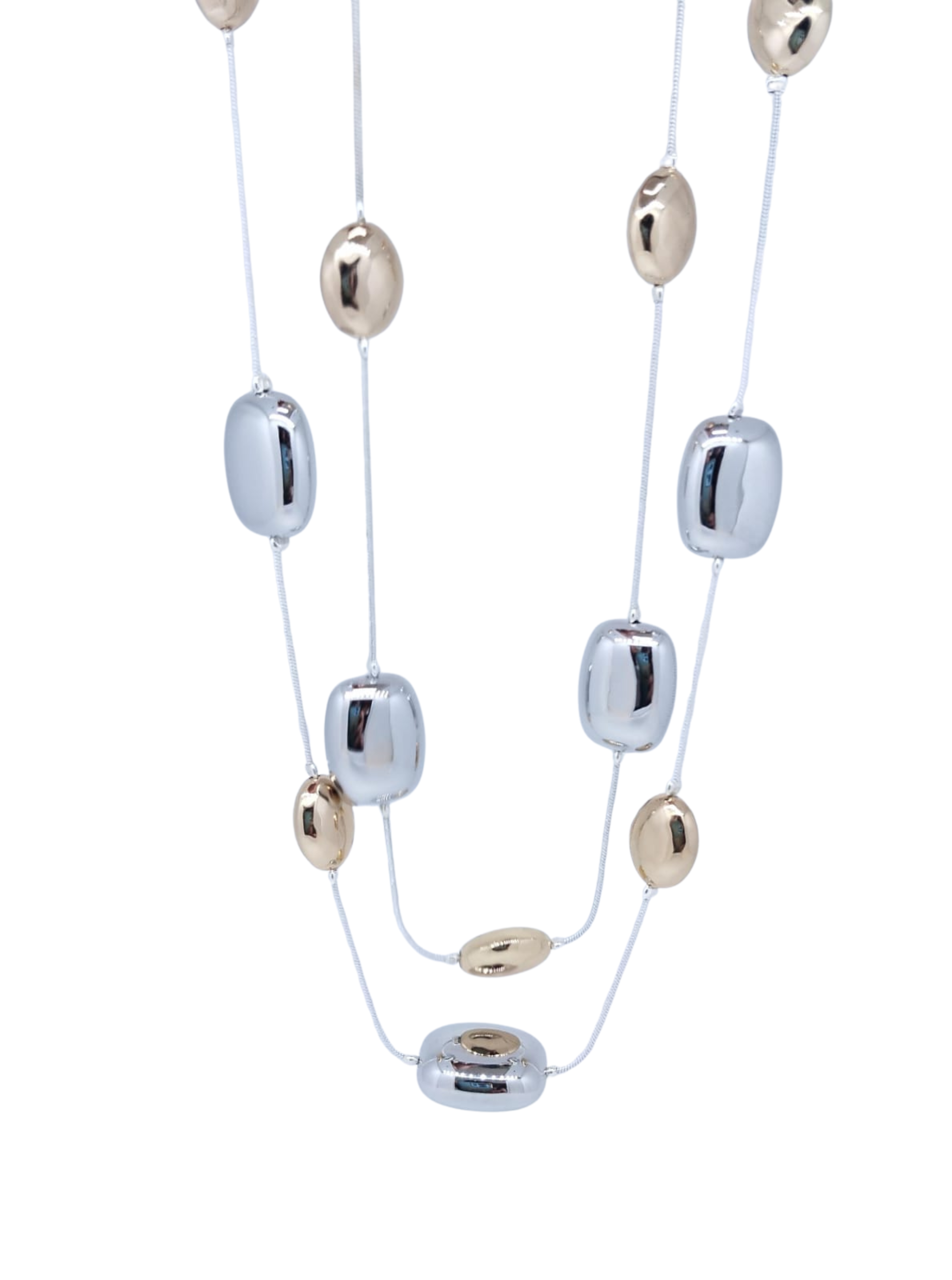 Collar plateado doble con mix figuras geométricas plateadas y doradas - Oro Laminado