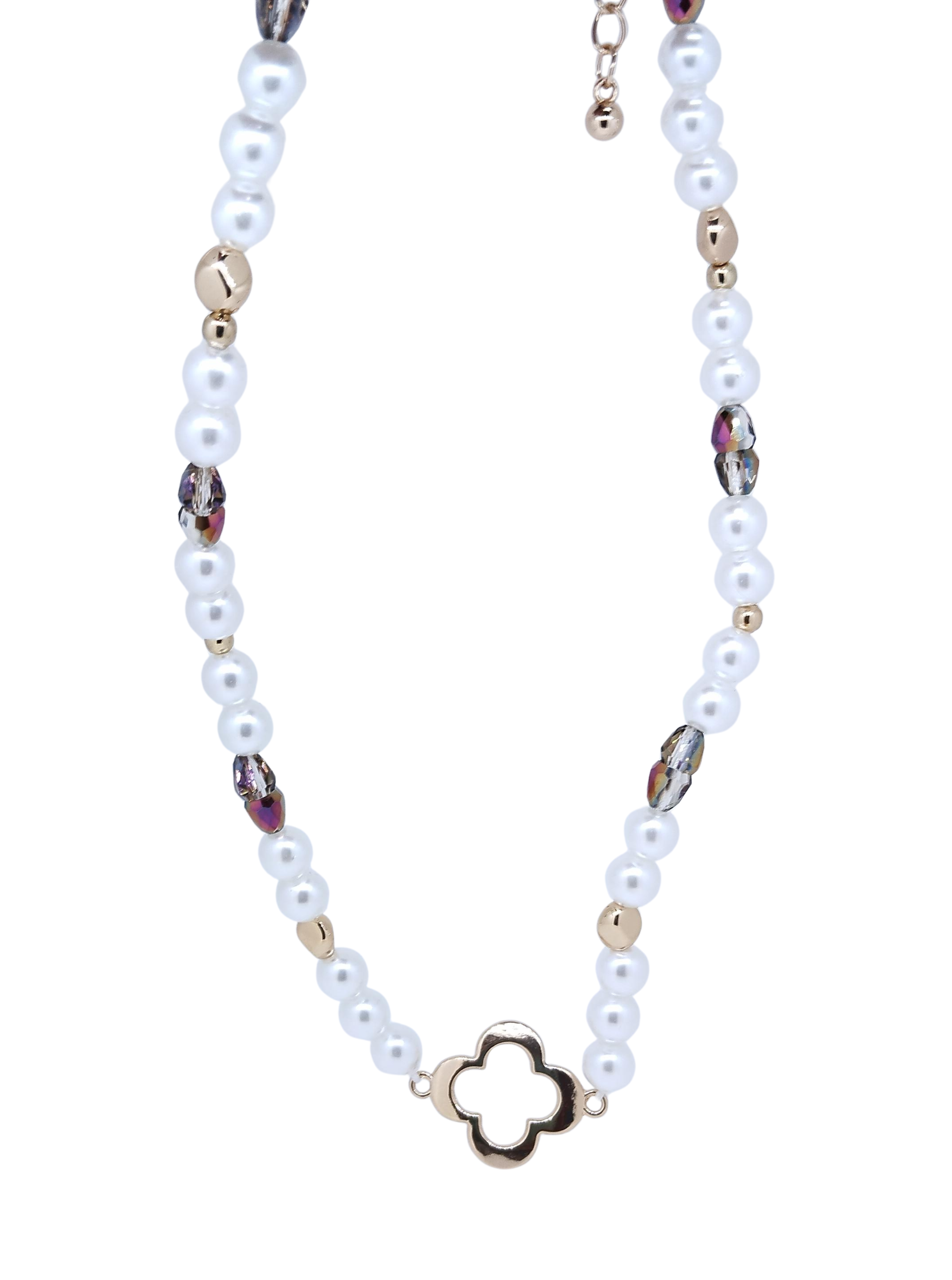 Collar dorado con blanco & dije flor 4 pétalos - Oro Laminado