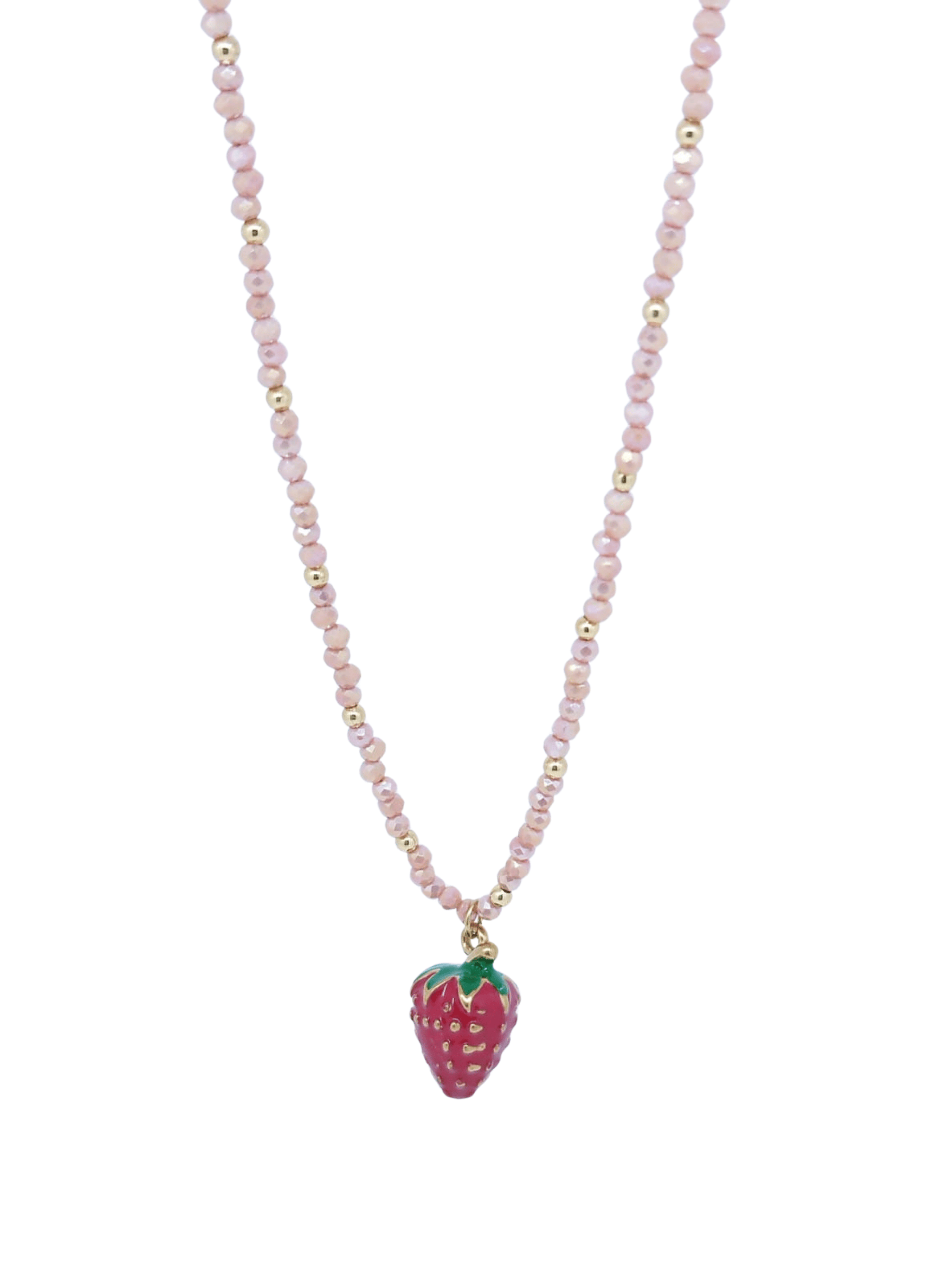 Collar de Bolitas Rosas y Doradas con Dije de Fresita Girlie - Acero Inoxidable