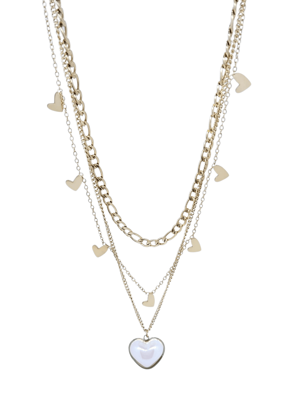Collar Dorado Triple Cadena con Corazones y Corazón Chunky Blanco Elegante - Acero Inoxidable
