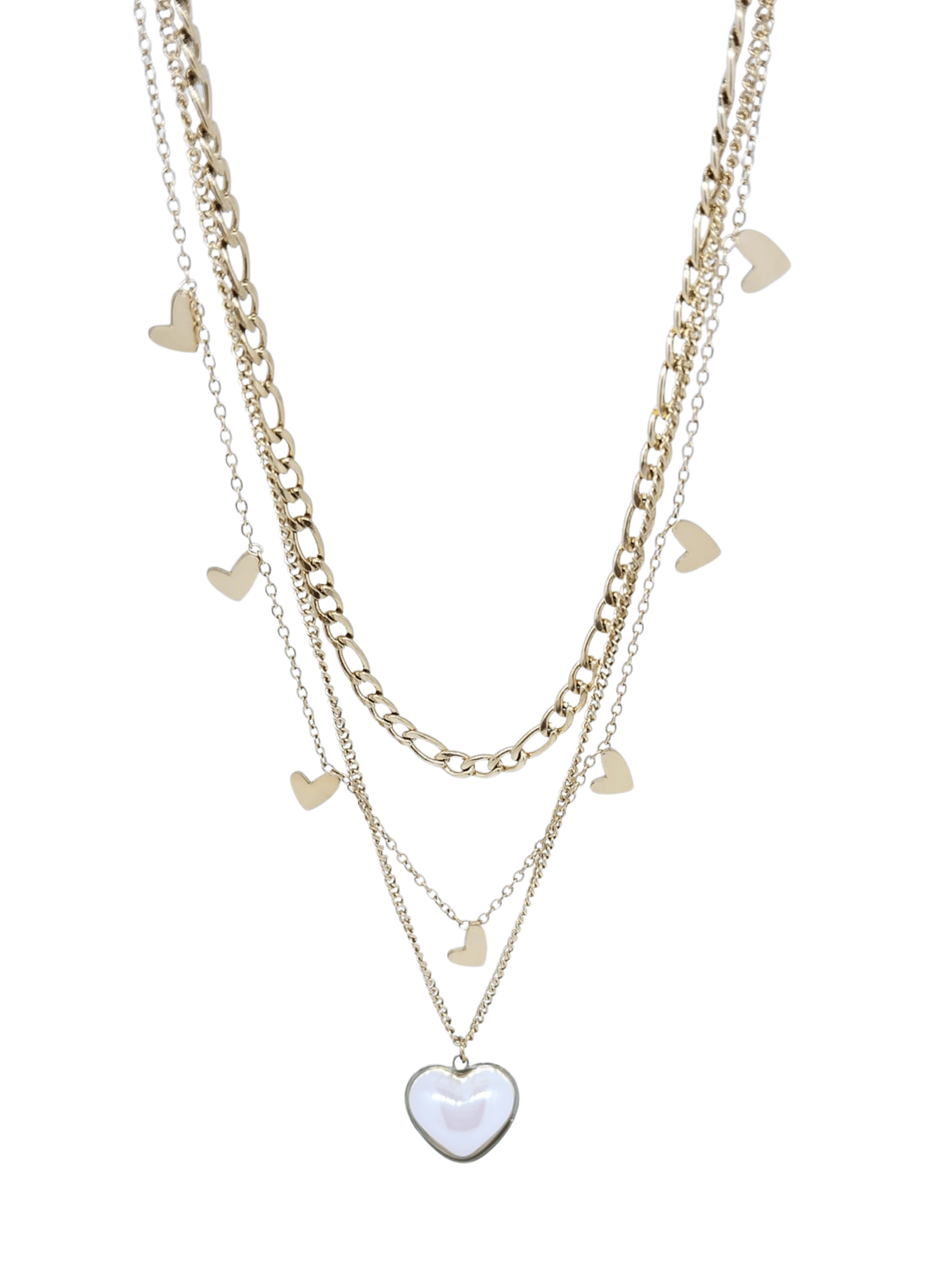 Collar Dorado Triple Cadena con Corazones y Corazón Chunky Blanco Elegante - Acero Inoxidable